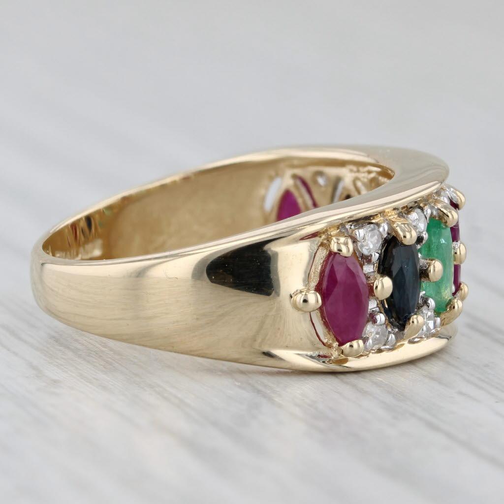 Gemstone Information:
- Natural Emeralds -
Total Carats - 0.30ctw
Cut - Marquise
Color - Green
Treatment - Oiling

- Natural Sapphires -
Total Carats - 0.36ctw
Cut - Marquise
Color - Dark Blue
Treatment - Heated

- Natural Rubies -
Total Carats -