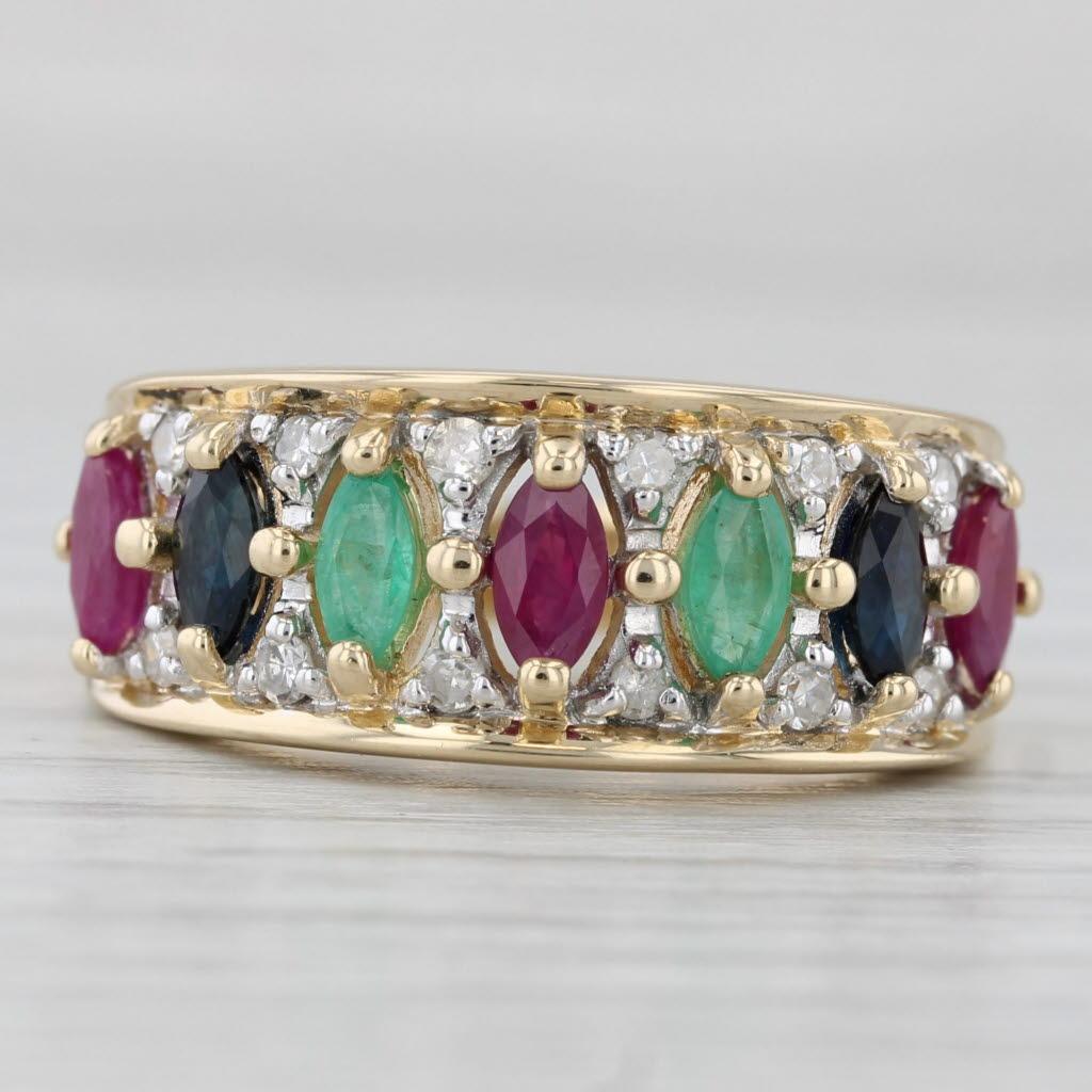 1.14ctw Multi-Gemstone Ring 14k Yellow Gold Size 8 Emerald Sapphire Ruby Diamond In Good Condition For Sale In McLeansville, NC