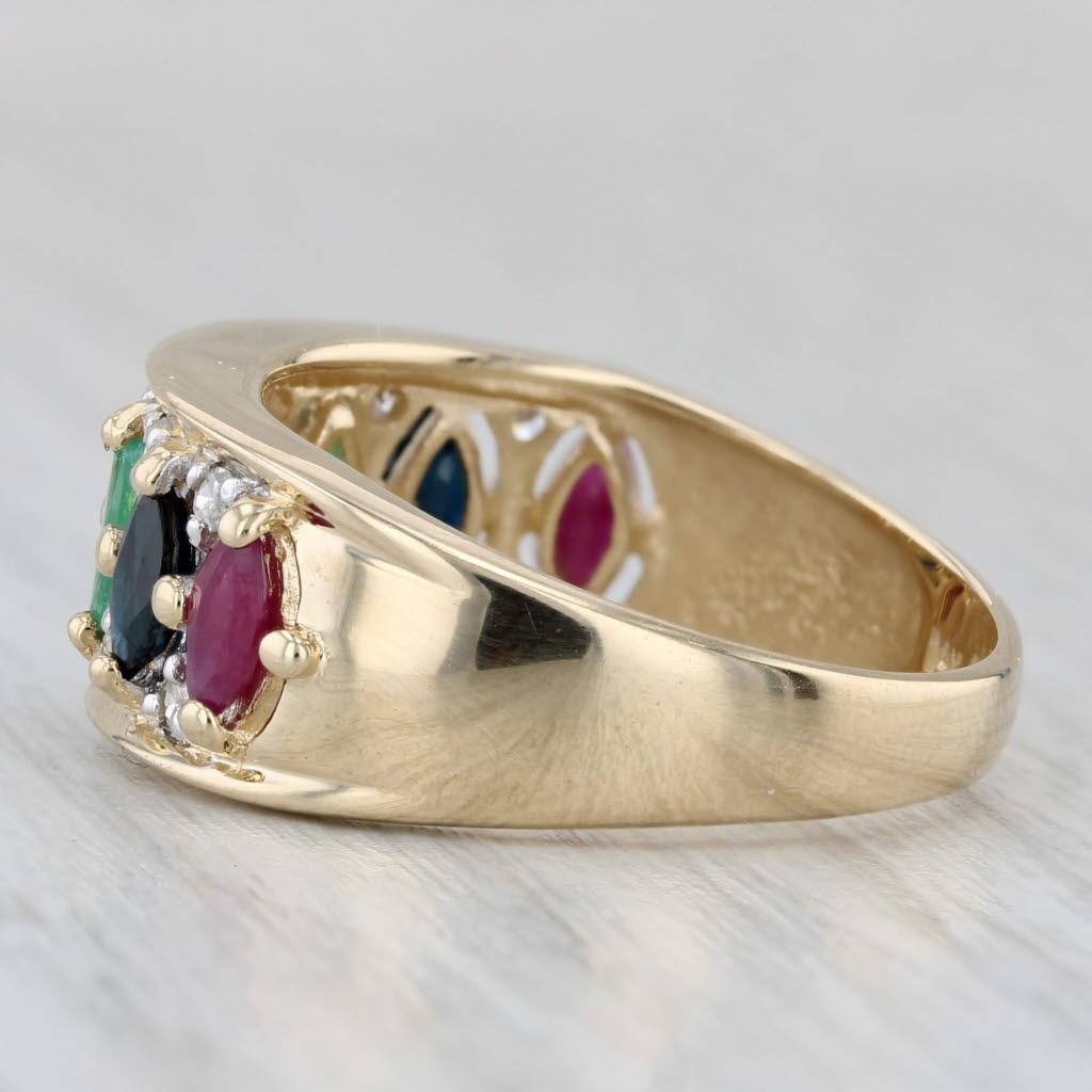 Women's or Men's 1.14ctw Multi-Gemstone Ring 14k Yellow Gold Size 8 Emerald Sapphire Ruby Diamond For Sale