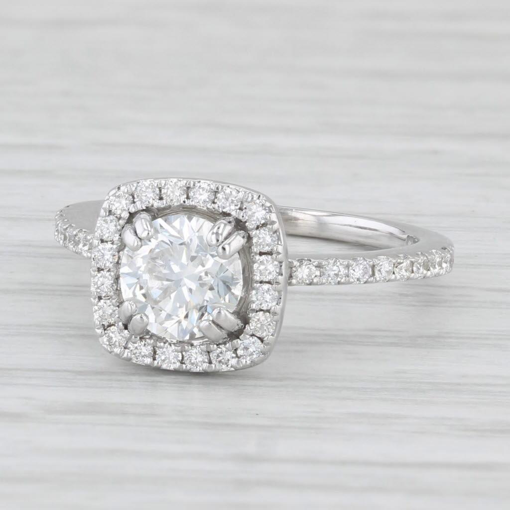 Anello di fidanzamento aureolato con diamante rotondo da 1,14 carati in oro bianco 14k, misura 5 GIA