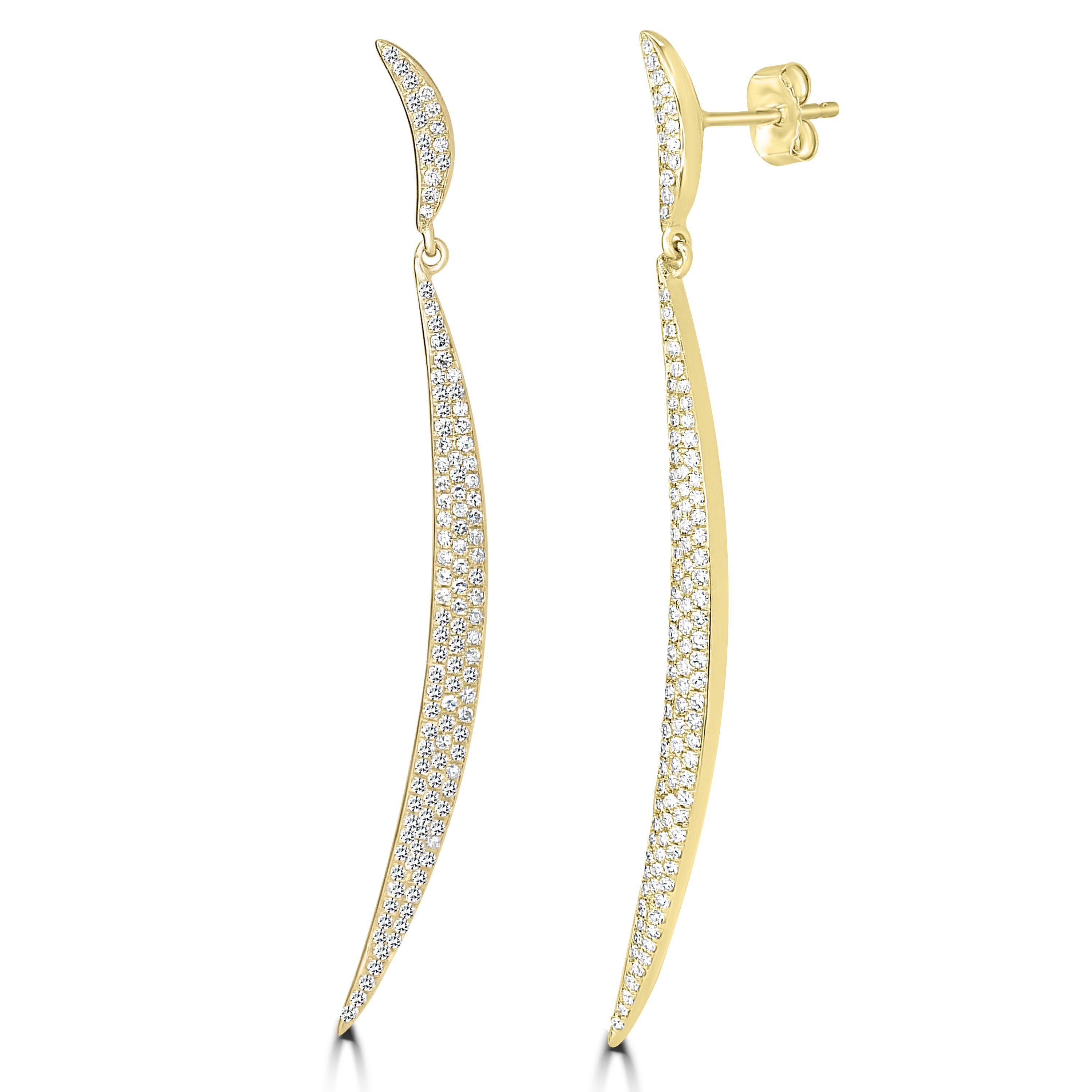 These Luxle diamond pave drop earrings have an elegant beauty and subtle flair that make them the ideal accessory.  These curved earrings are set with 0.70 carats of round single-cut diamonds. They are ideal for you to wear on important occasions