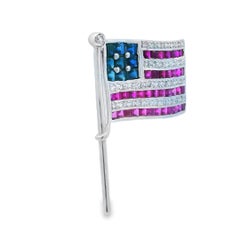 114K White G4K White Gold Diamond, Sapphire & Ruby USA American Flag Pin/Pendant