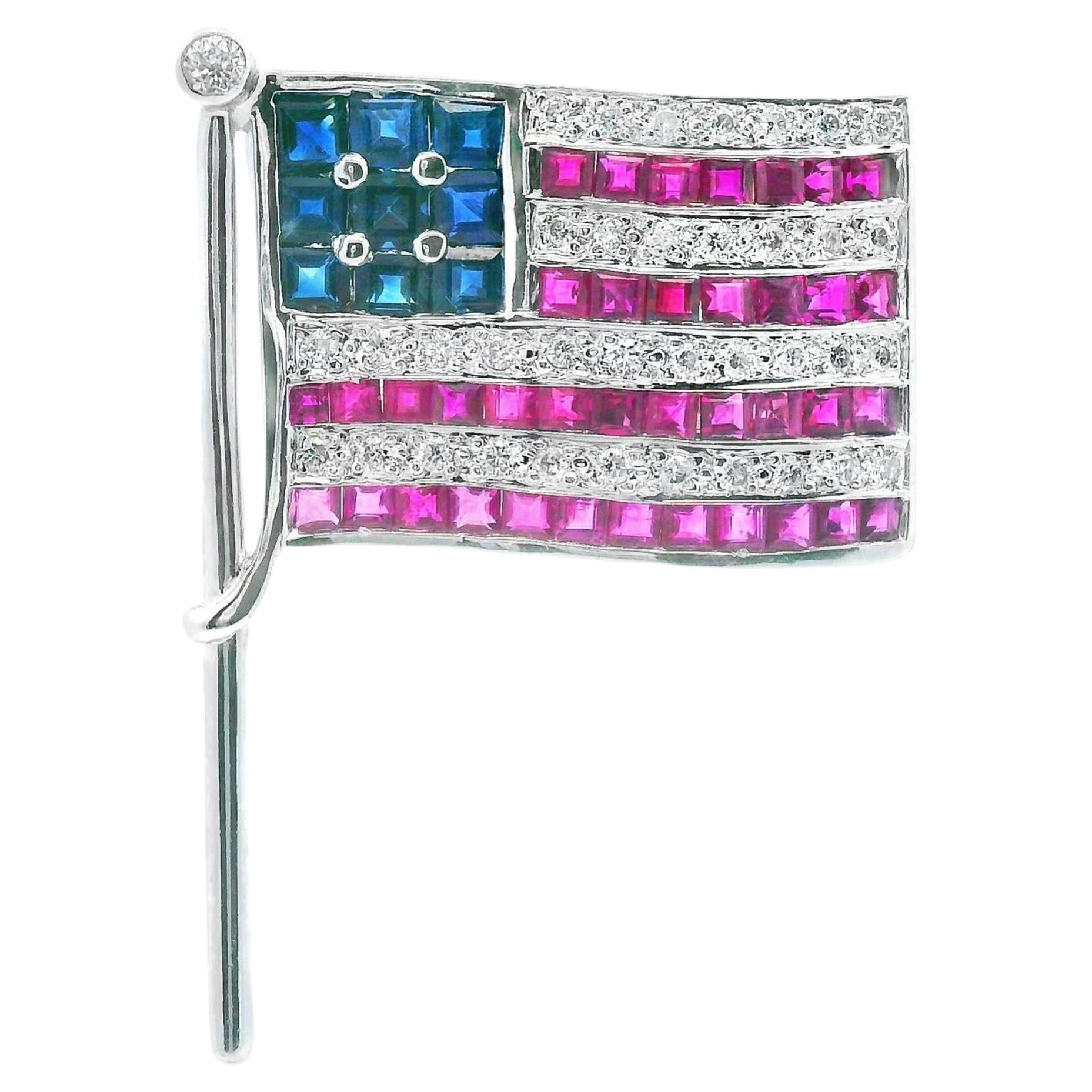 114K White G4K White Gold Diamond, Sapphire & Ruby USA American Flag Pin/Pendant For Sale