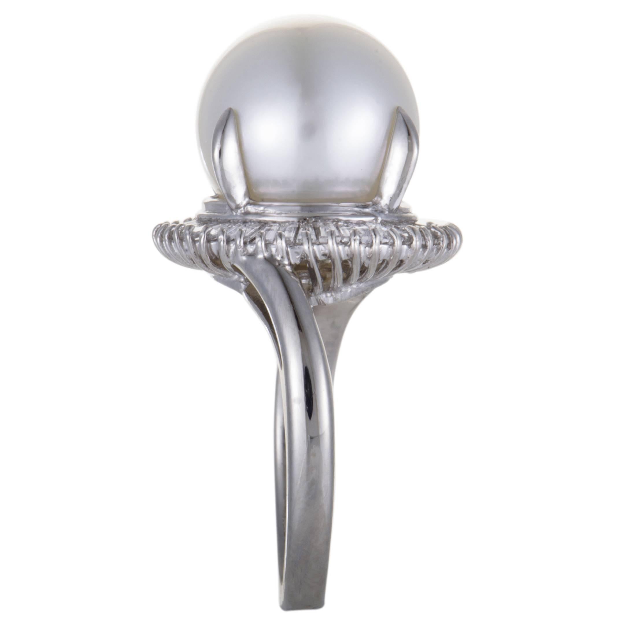 Round Cut White Pearl and Diamond Platinum Cocktail Ring