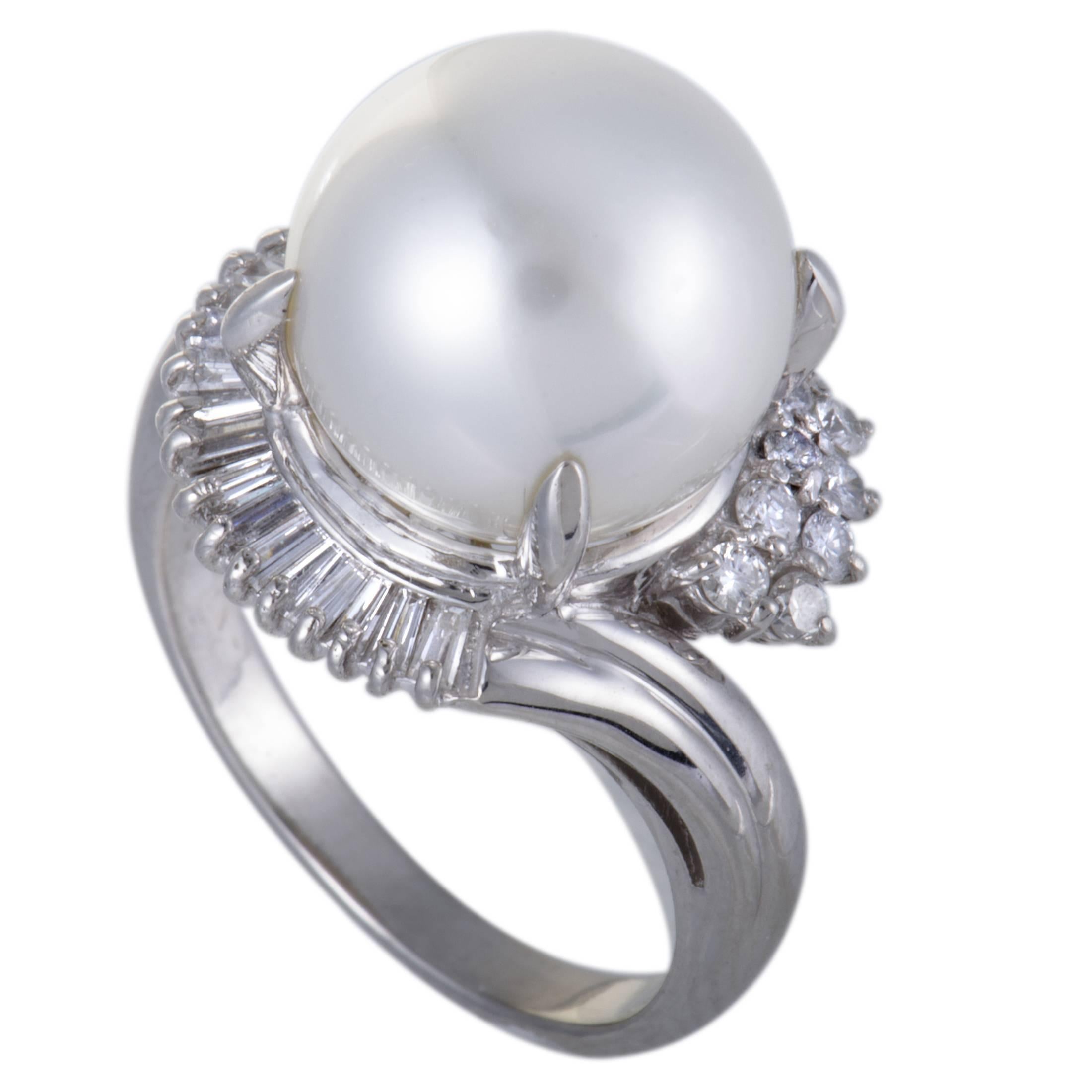White Pearl and Diamond Platinum Cocktail Ring