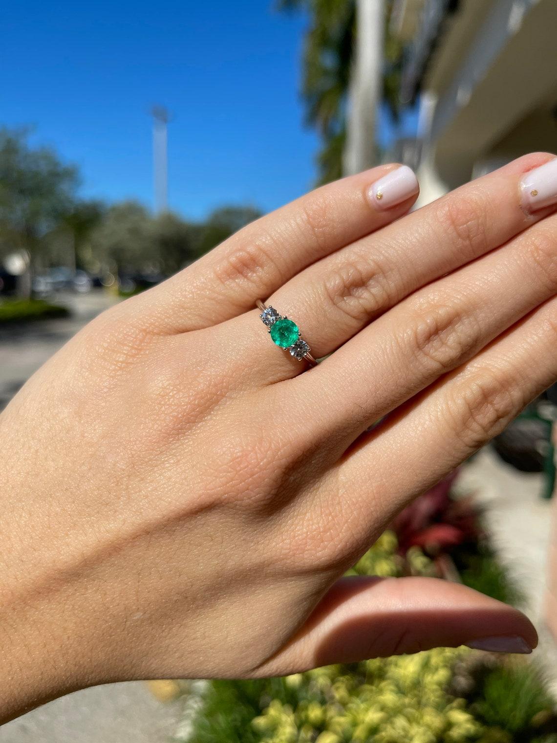Modern 1.14tcw 14K Round Emerald & Diamond Three Stone Engagement Ring For Sale