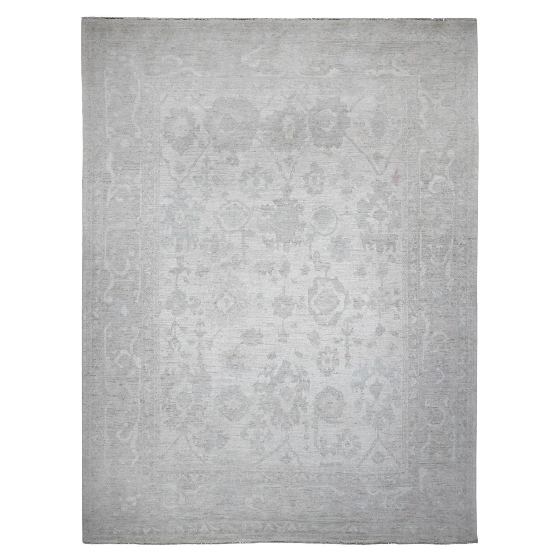 11'4 "x15'5" Smoke White Handgeknüpft Wolle White Wash Afghan Angora Oushak Teppich