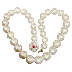 11.5-15 mm White South Sea Round Pearl Necklace  Diamond Ruby Clasp, Vintage PT
