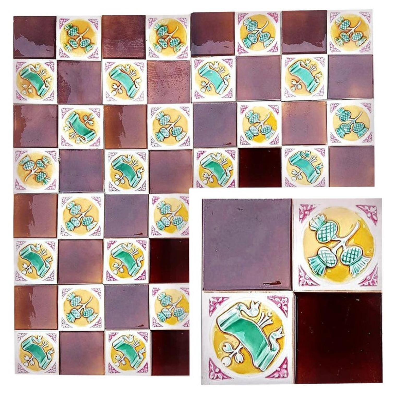 This is an amazing set of 115 original Art Deco handmade tiles by S.A. Faienceries de Bouffioulx, 1930s. A beautiful relief and color. With a stylish design. These tiles would be charming displayed on easels, framed or incorporated into a custom