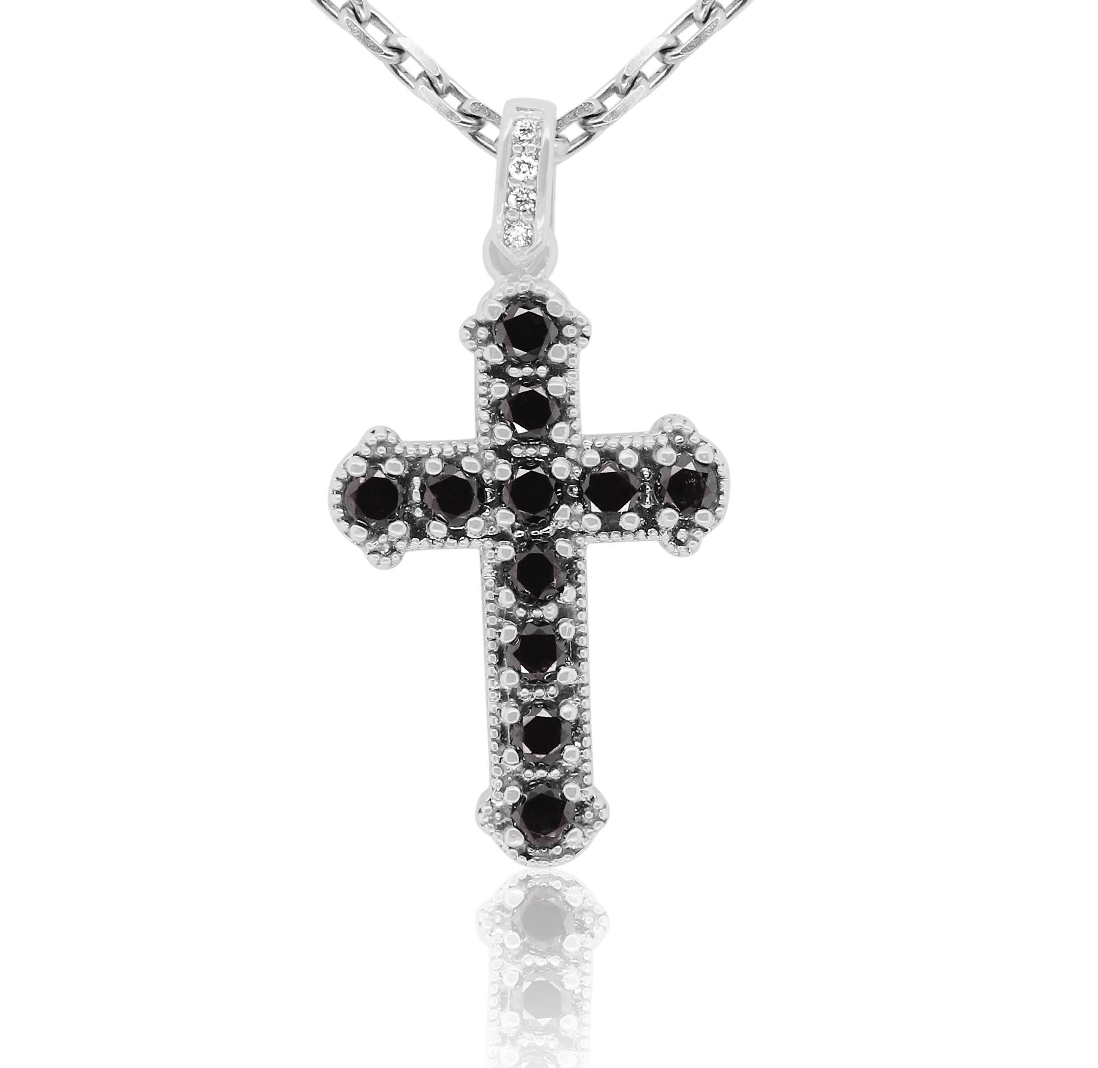 Round Cut 1.15 Carat Round Black and White Diamond Cross Pendant 14K Gold