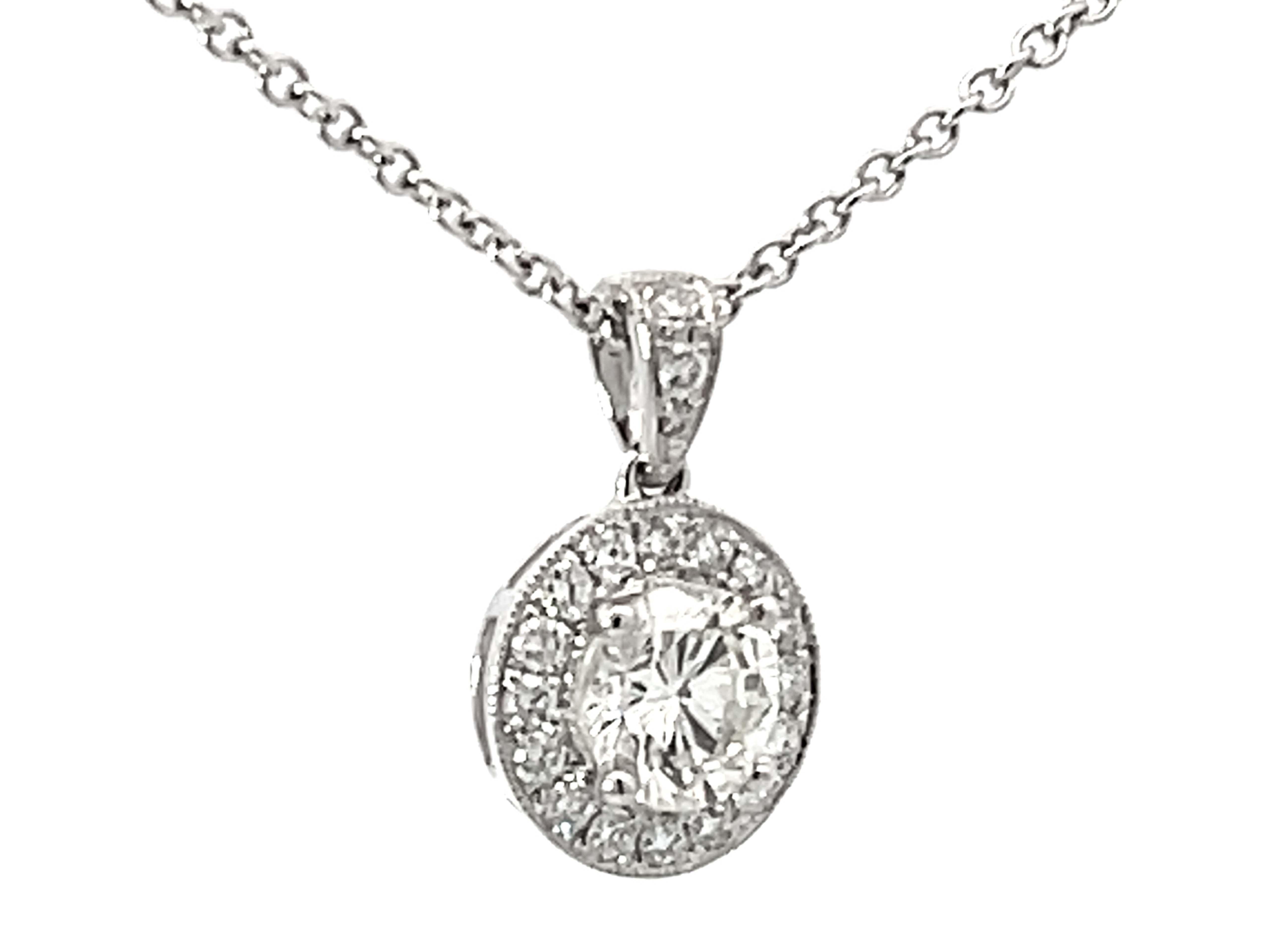 Modern 1.15 Carat Center Diamond Halo Pendant Necklace Solid White Gold For Sale