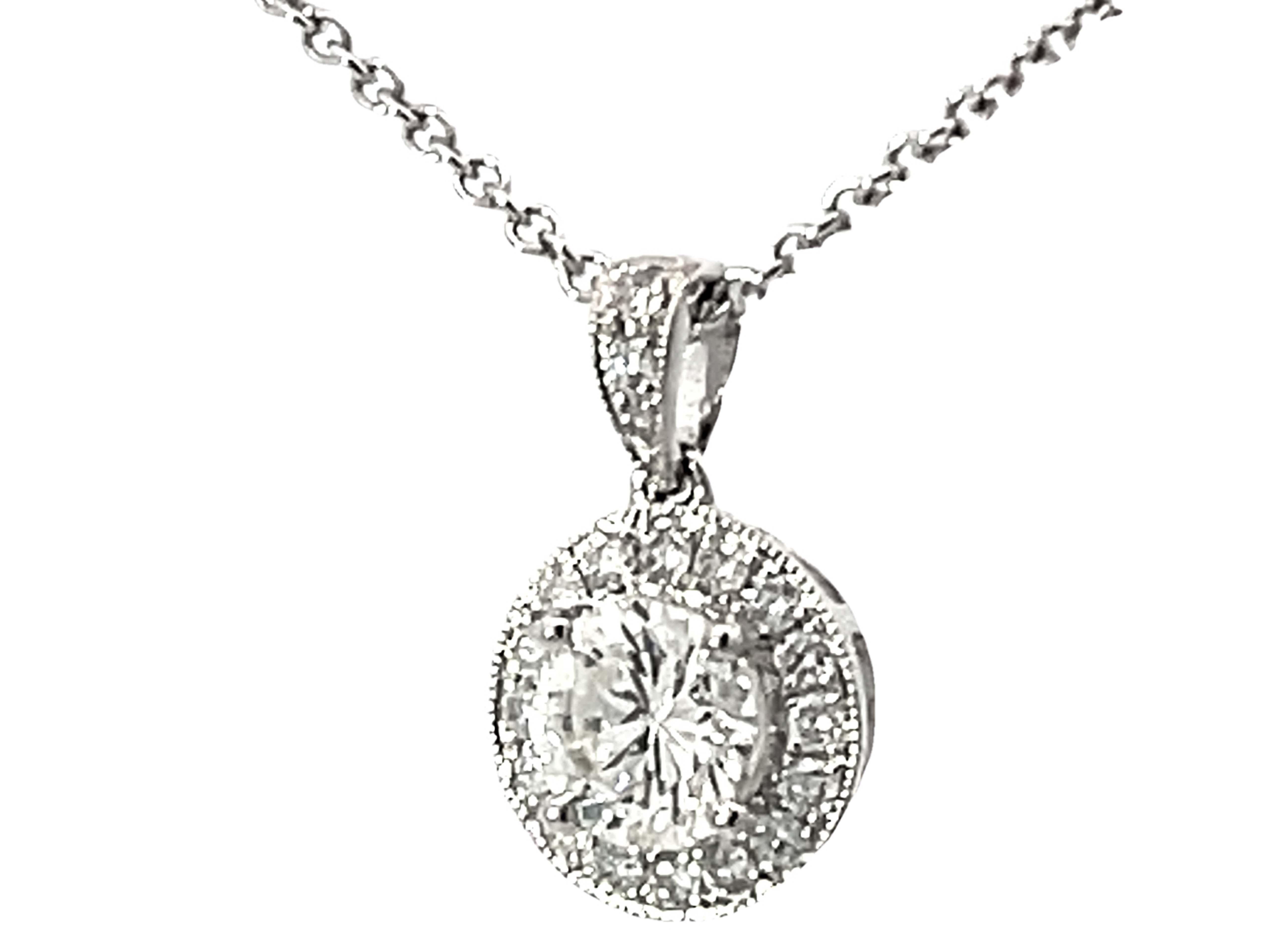 Brilliant Cut 1.15 Carat Center Diamond Halo Pendant Necklace Solid White Gold For Sale
