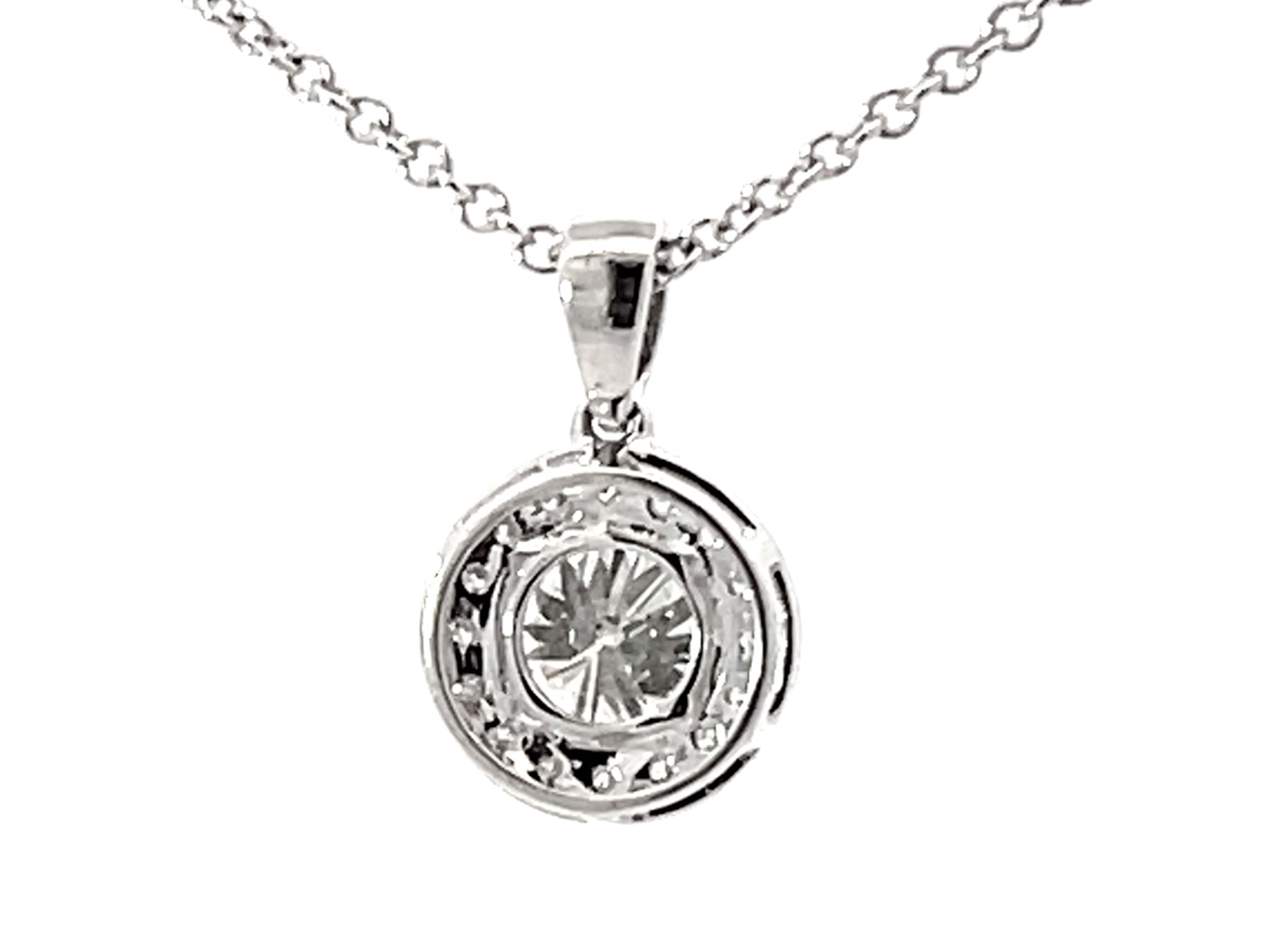1.15 Carat Center Diamond Halo Pendant Necklace Solid White Gold For Sale 1