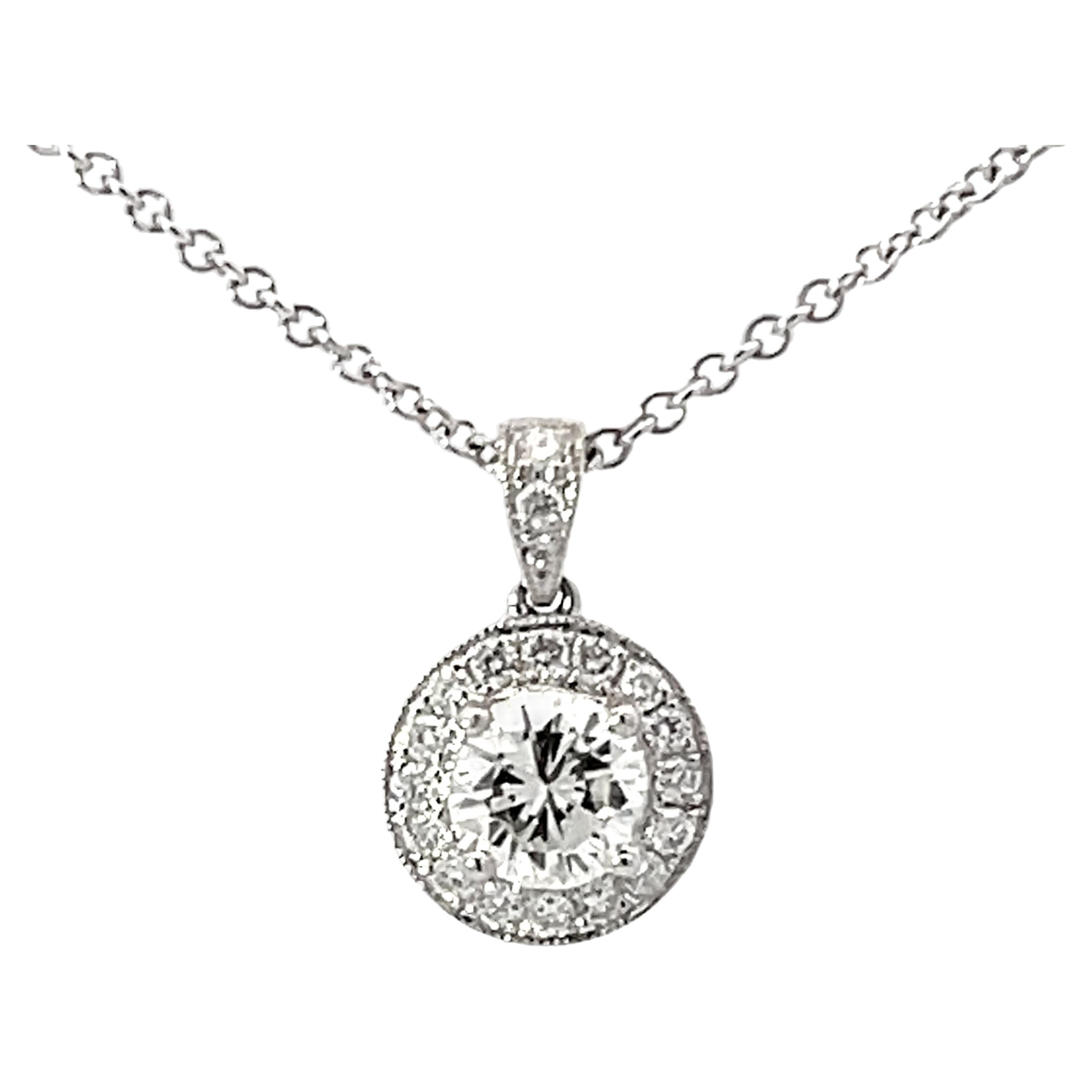 1.15 Carat Center Diamond Halo Pendant Necklace Solid White Gold