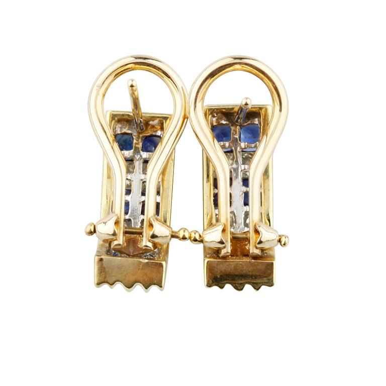 Princess Cut 1.15 Carat Channel Set Diamond and Sapphire Huggie Earrings in Yellow Gold For Sale