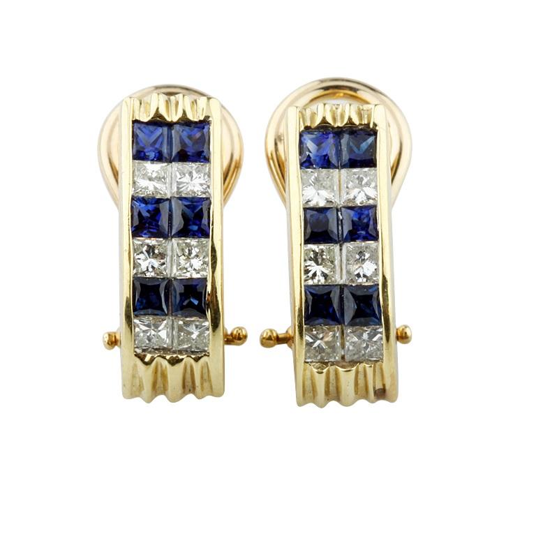 1.15 Carat Channel Set Diamond and Sapphire Huggie Earrings in Yellow Gold In Good Condition For Sale In Sherman Oaks, CA