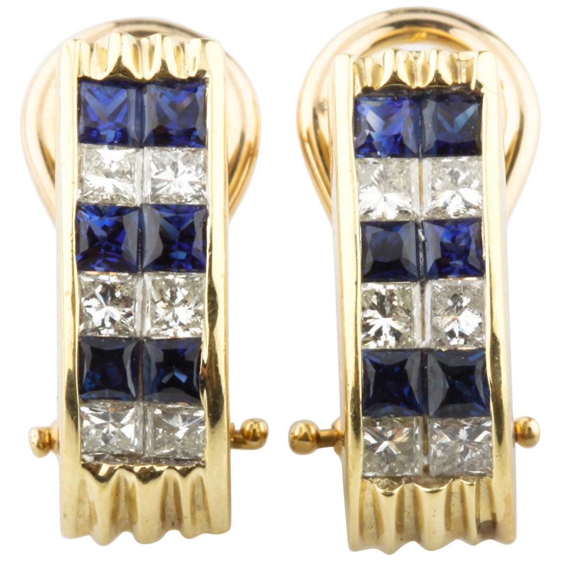 1.15 Carat Channel Set Diamond and Sapphire Huggie Earrings in Yellow Gold For Sale