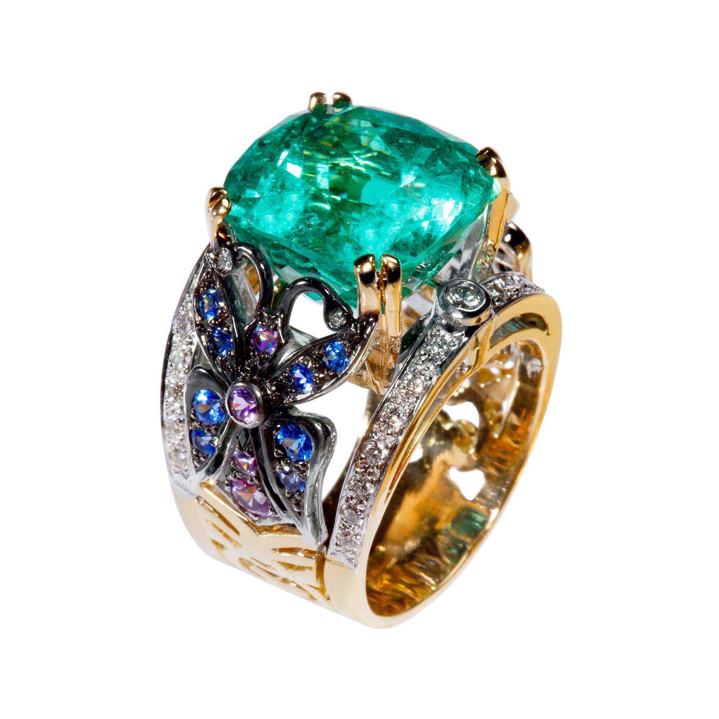 11.5 Carat Colombian Emerald, Sapphires, Diamond Gold Embroidery Ring by Édéenne For Sale