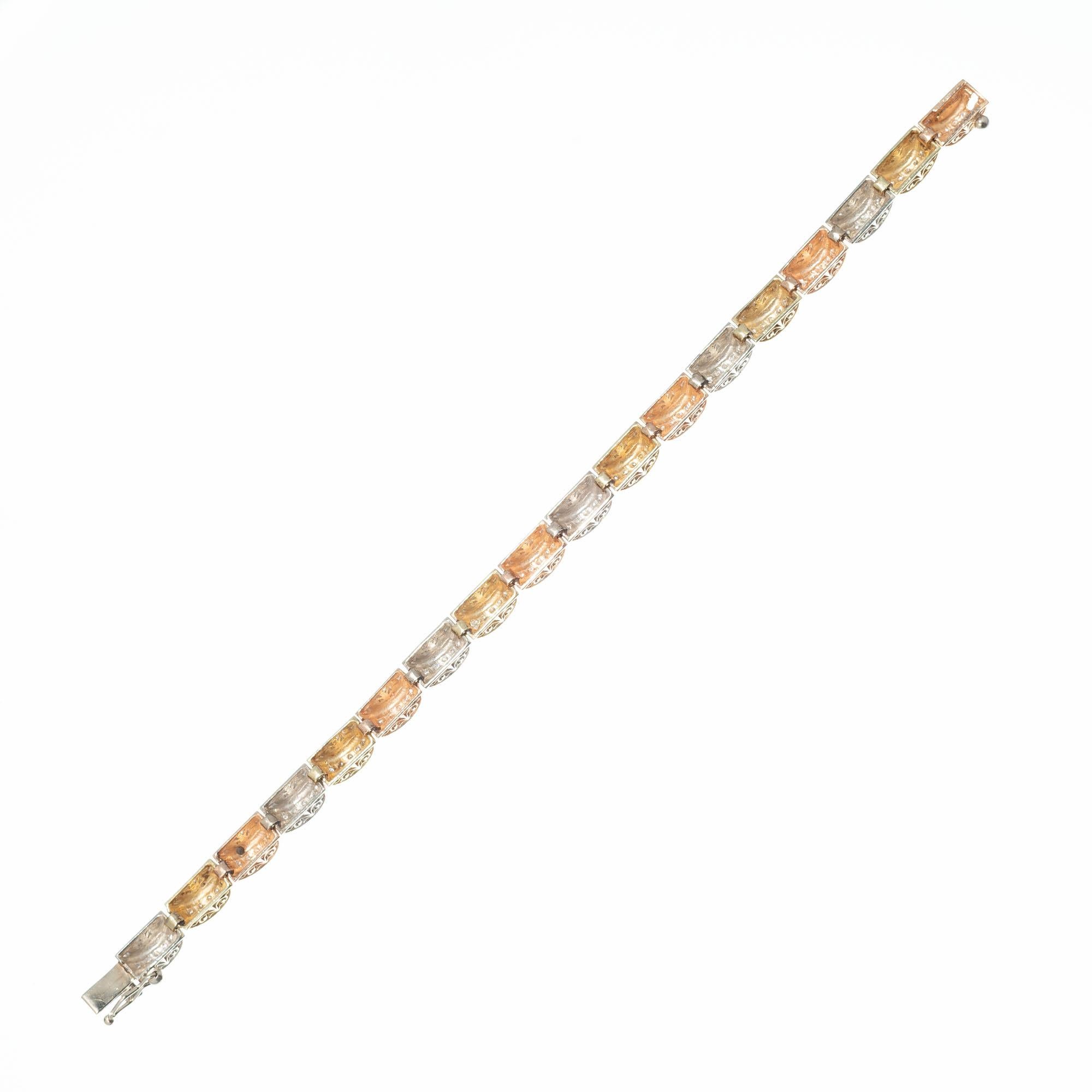 1.15 Carat Diamond Engraved Hinged Domed Tri-Color Gold Link Bracelet In Good Condition For Sale In Stamford, CT