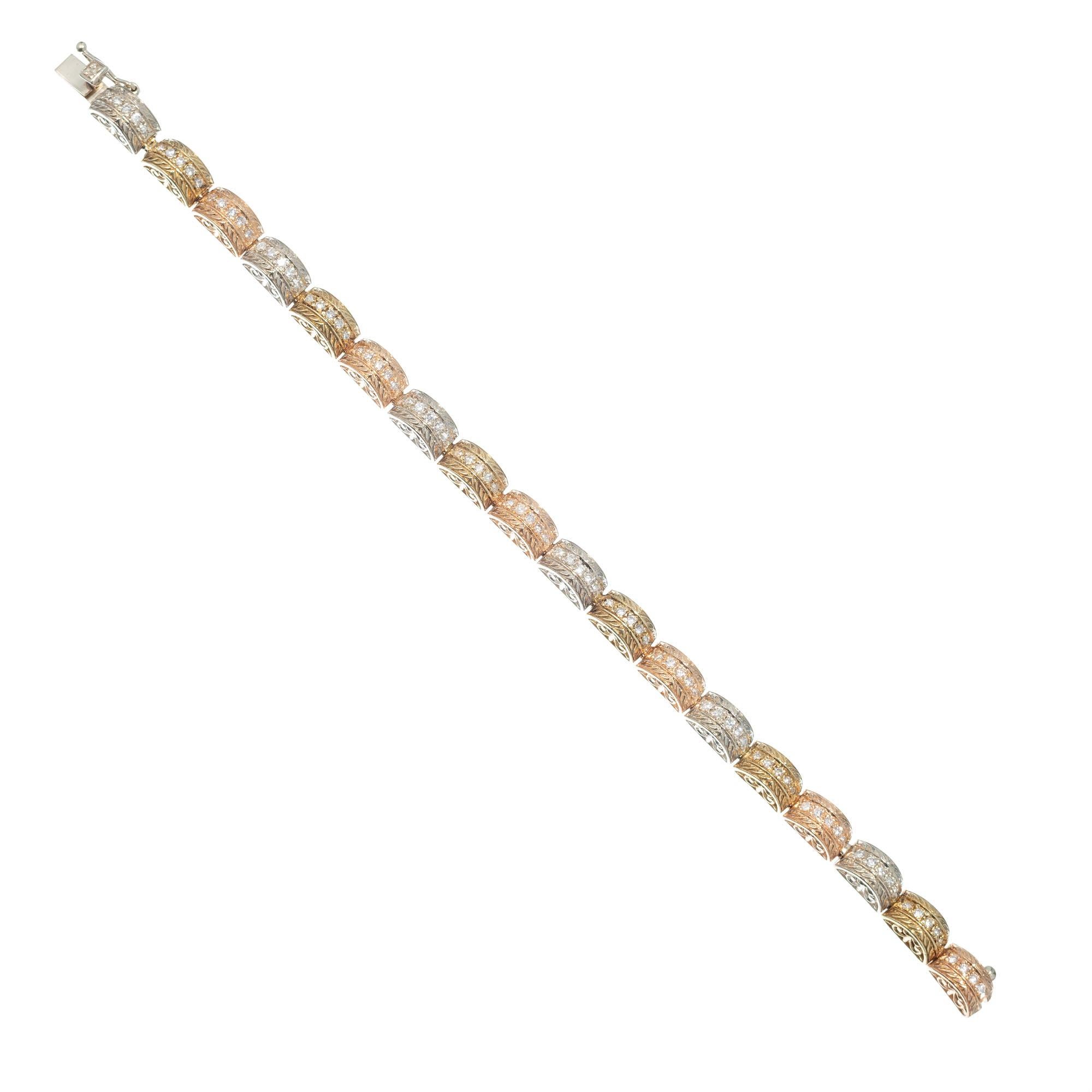 Women's 1.15 Carat Diamond Engraved Hinged Domed Tri-Color Gold Link Bracelet For Sale
