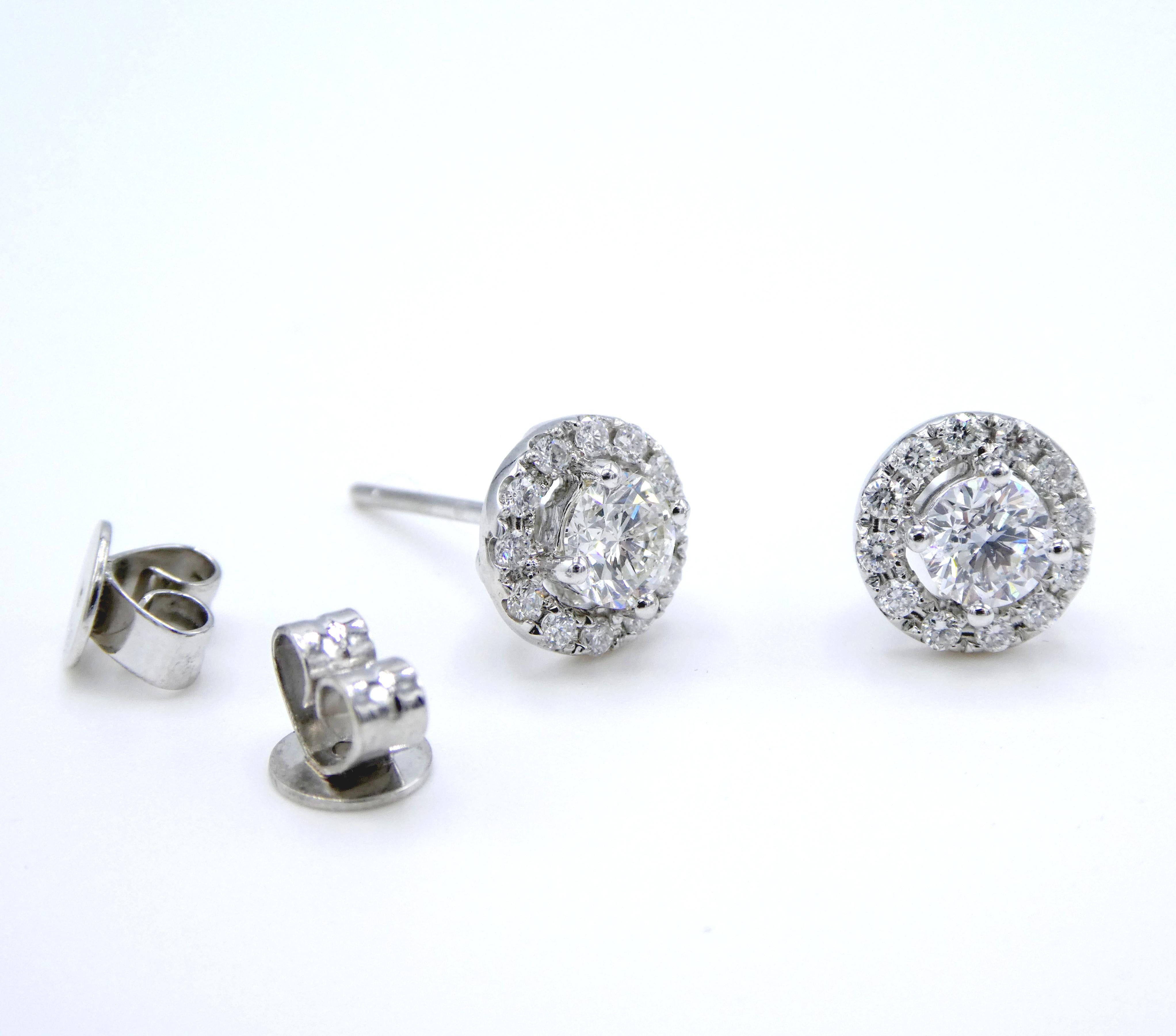 1.15 Carat Diamond Halo 14 Karat White Gold Stud Earrings In Excellent Condition In  Baltimore, MD