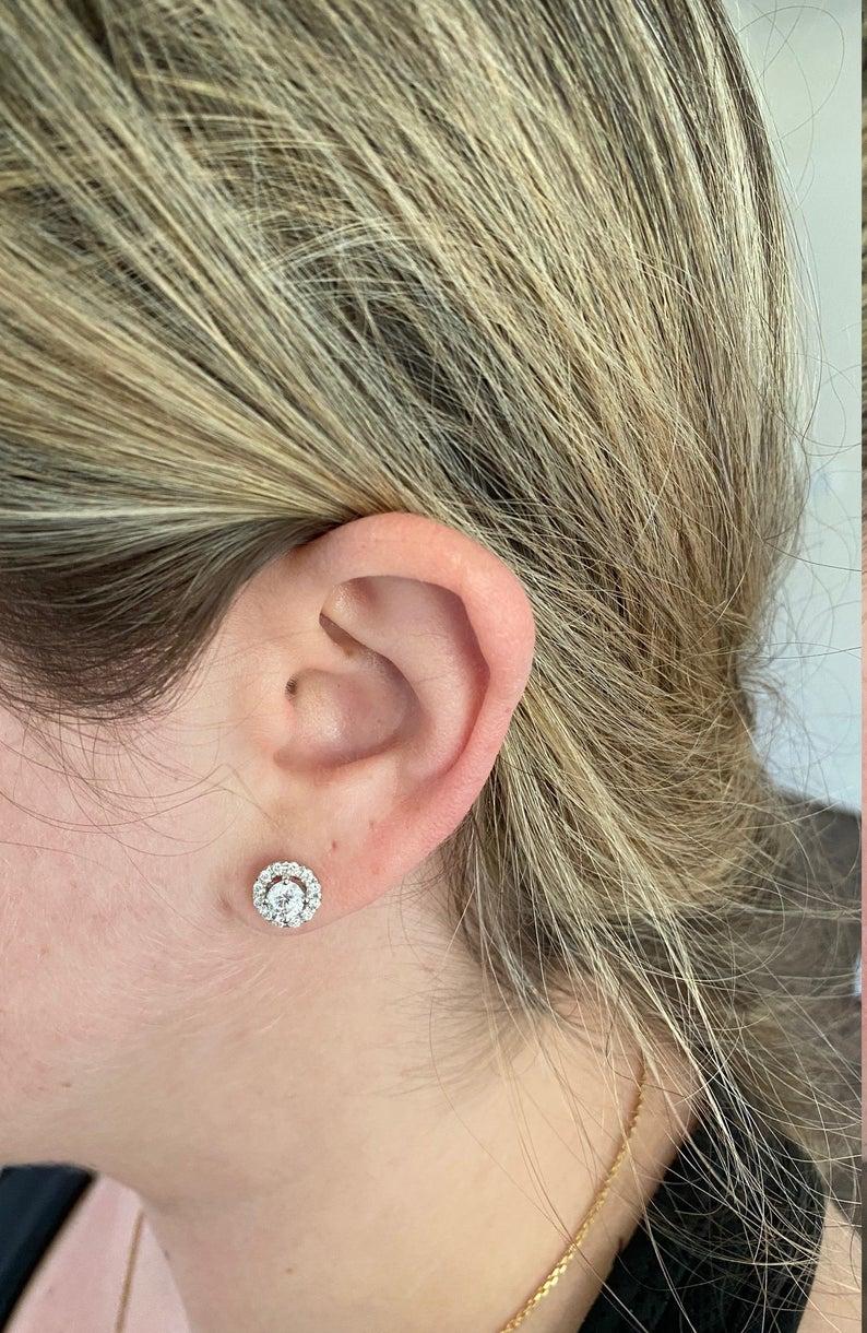 1.15 Carat Diamond Halo 14 Karat White Gold Stud Earrings 1