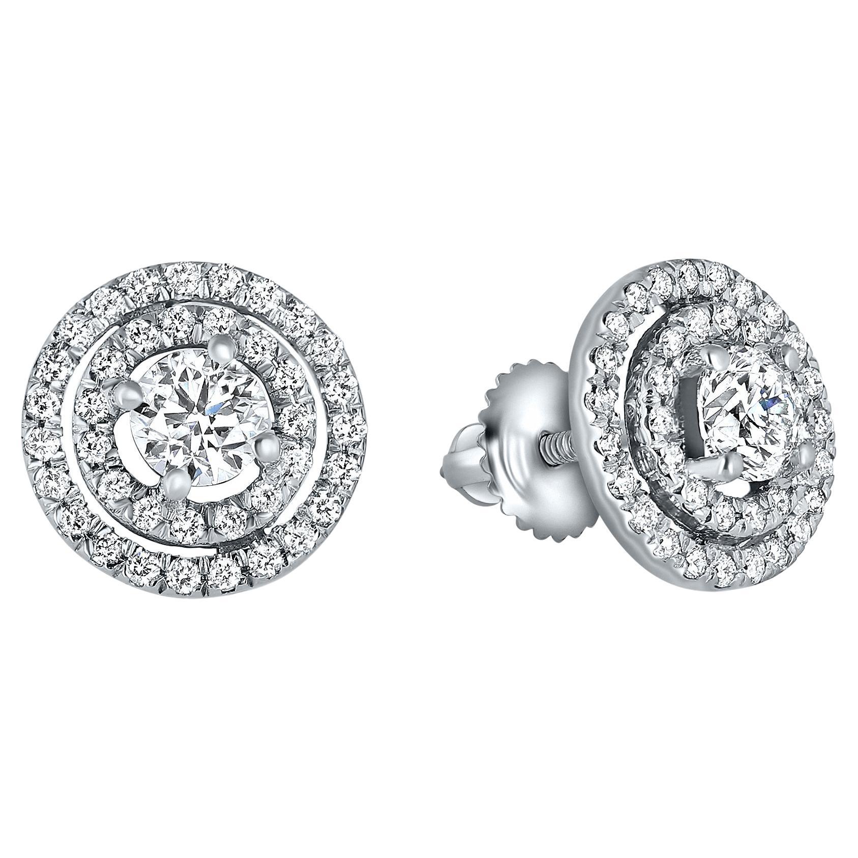 1.15 Carat Diamond Halo Earrings in 14K White Gold - Shlomit Rogel For Sale