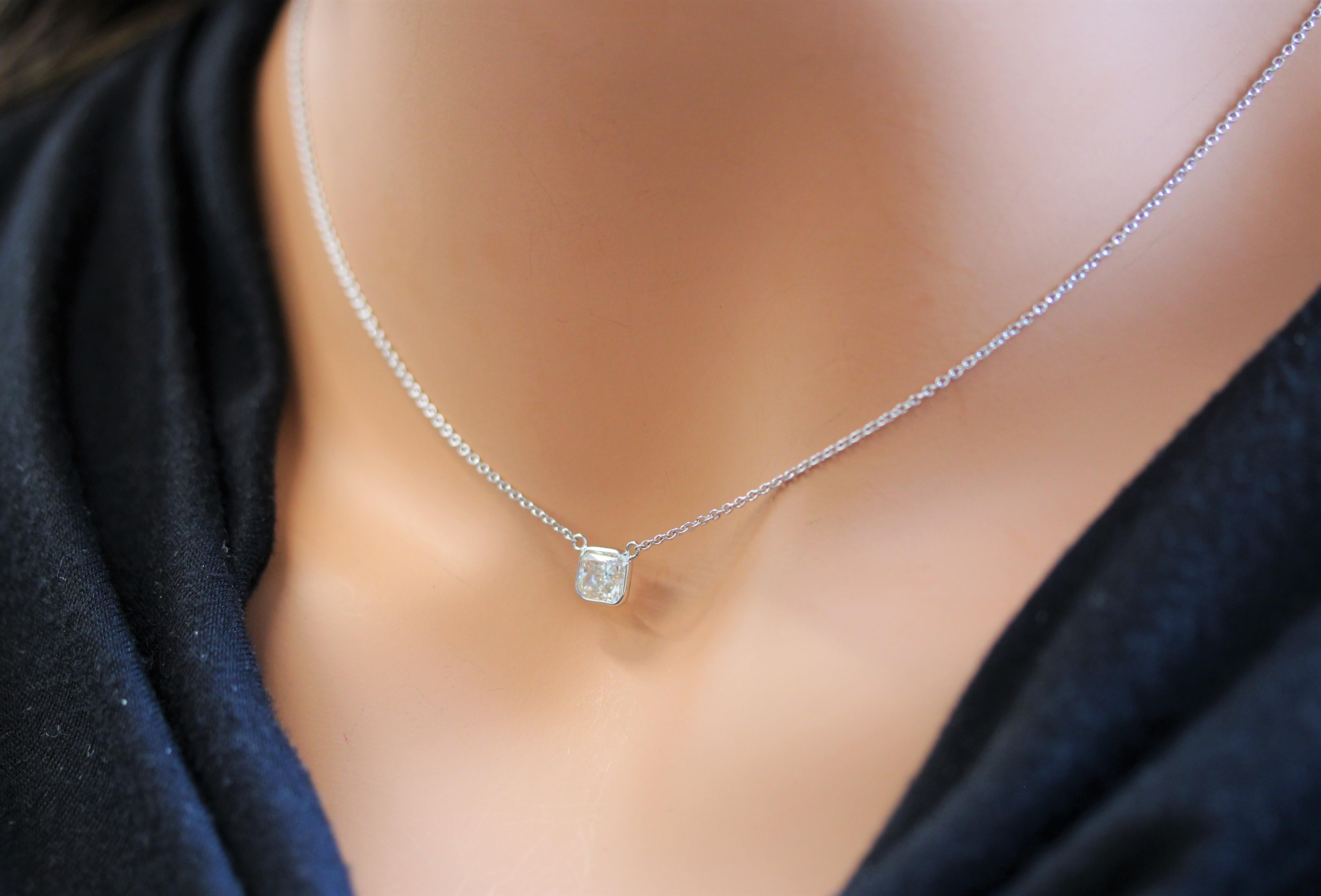 Radiant Cut 1.15 Carat Diamond Radiant Delicate Handmade Solitaire Necklace In 14k WhiteGold For Sale