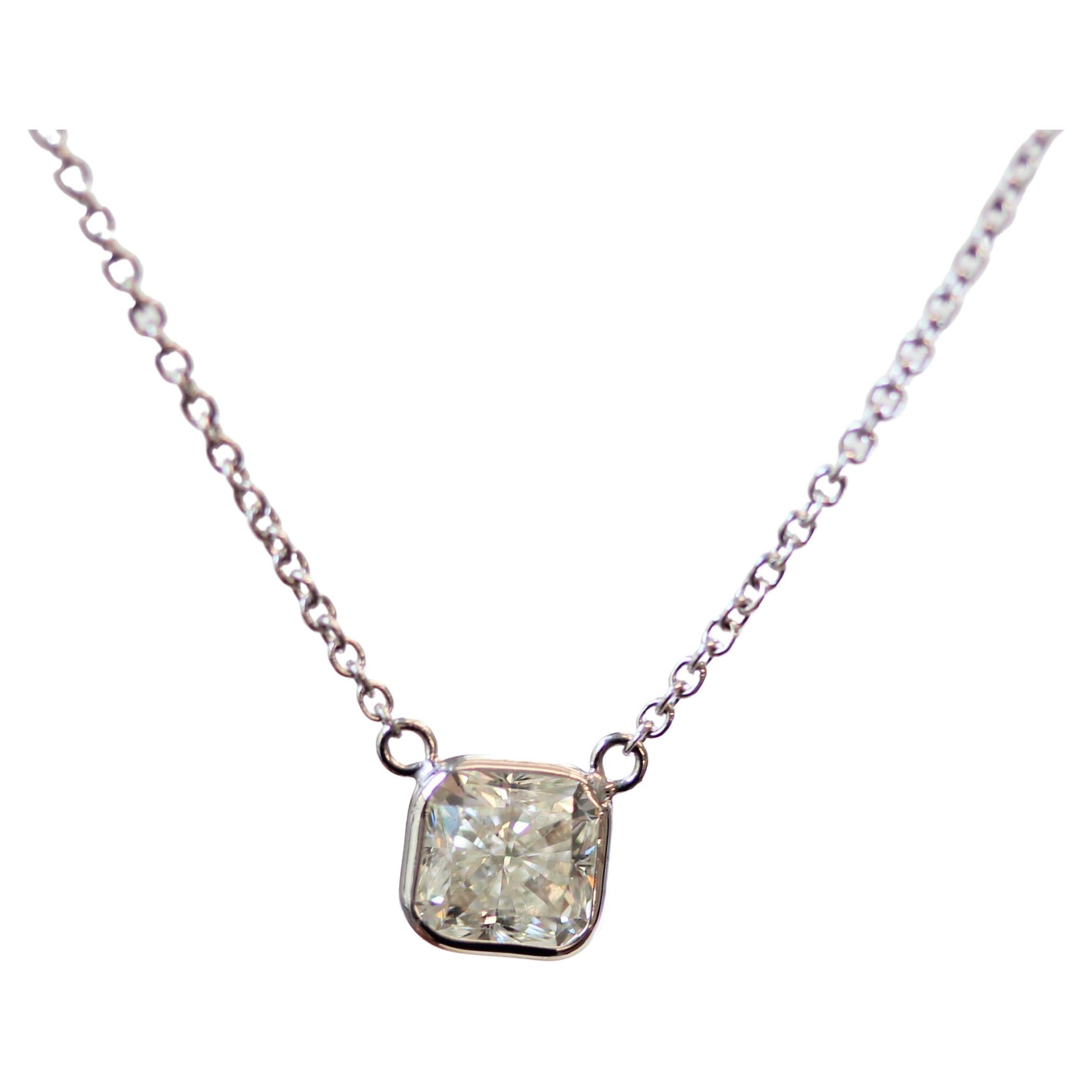 1.15 Carat Diamond Radiant Delicate Handmade Solitaire Necklace In 14k WhiteGold For Sale