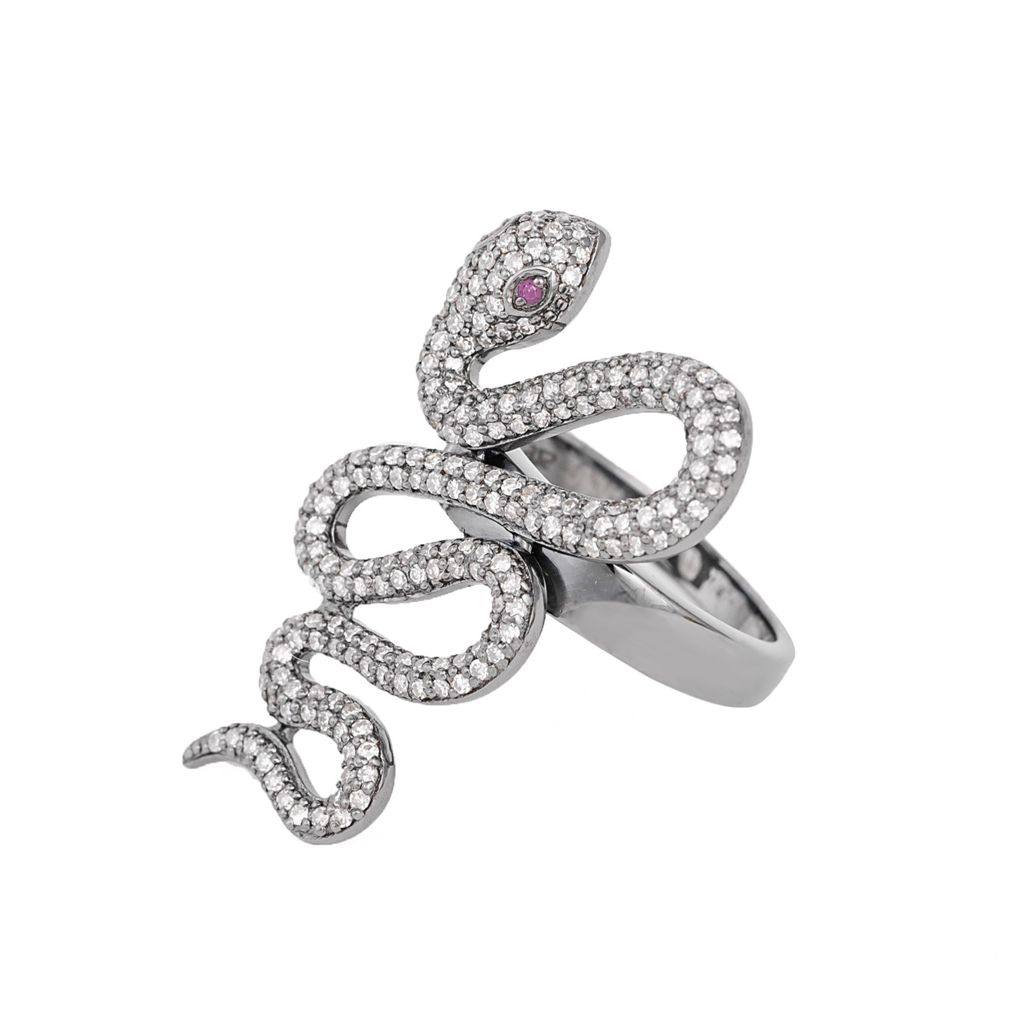 1.15 Carat Diamond Serpent Snake Ring 

This Victorian art-deco style visceral reptile long snake zigzag diamond ring is articulate. The pave set round diamonds form the body of the snake through the perfect curves and angling creating the hypnotic