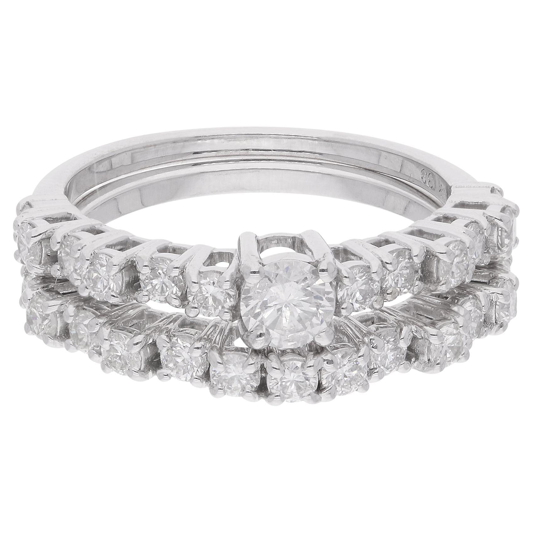 1.15 Carat Diamond Stackable Ring Set 18 Karat White Gold Handmade Fine Jewelry For Sale