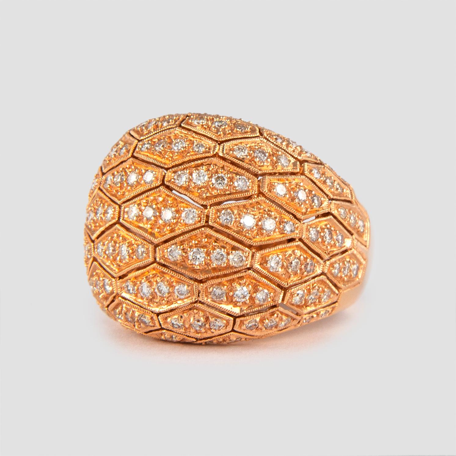 Contemporary 1.15 Carat Domed Diamond Patterned and 18 Karat Rose Gold Cocktail Ring For Sale