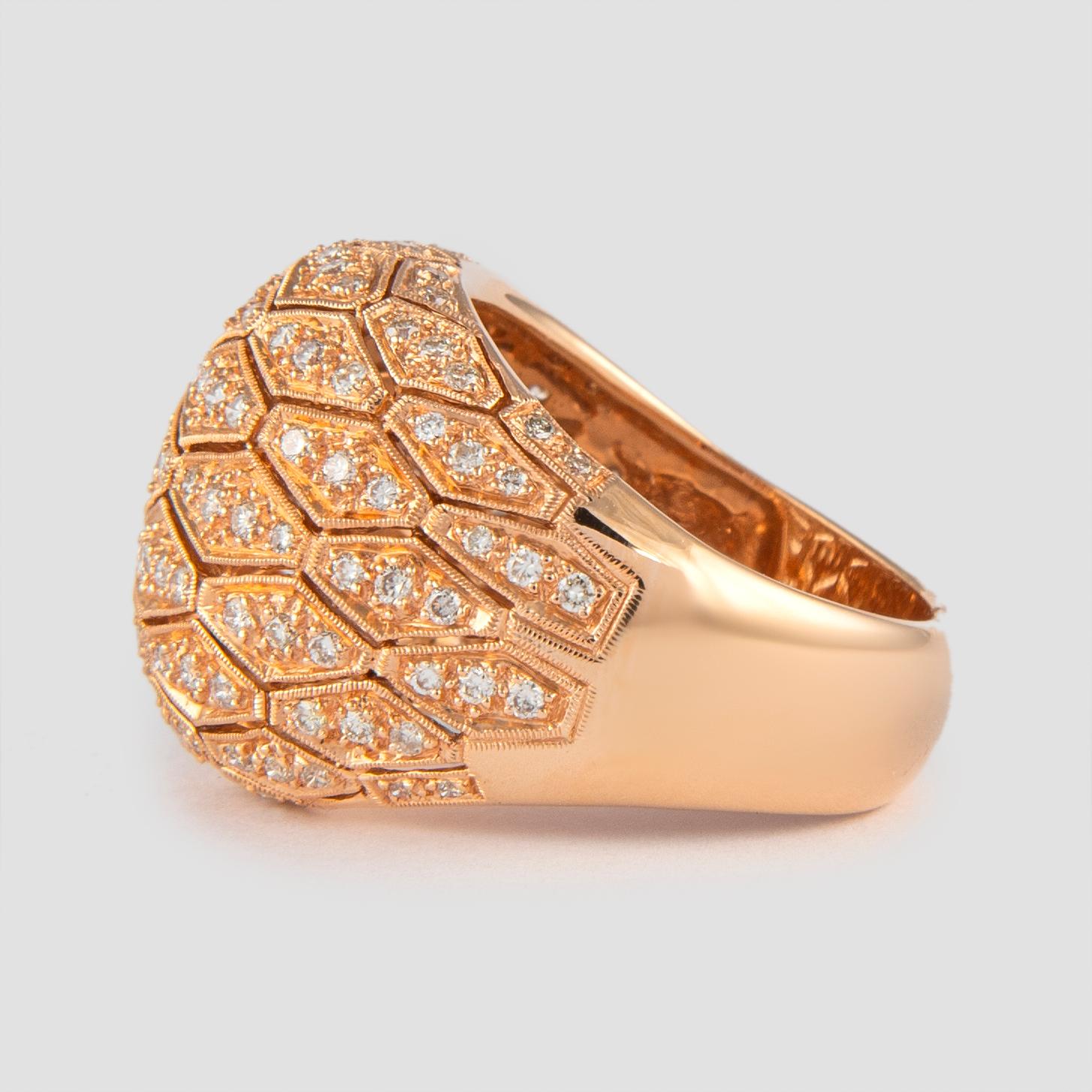 Round Cut 1.15 Carat Domed Diamond Patterned and 18 Karat Rose Gold Cocktail Ring For Sale