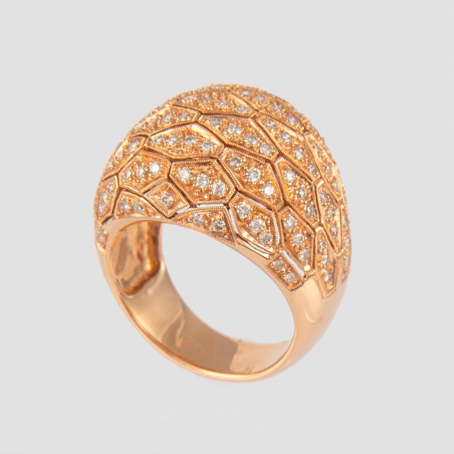 Women's 1.15 Carat Domed Diamond Patterned and 18 Karat Rose Gold Cocktail Ring For Sale