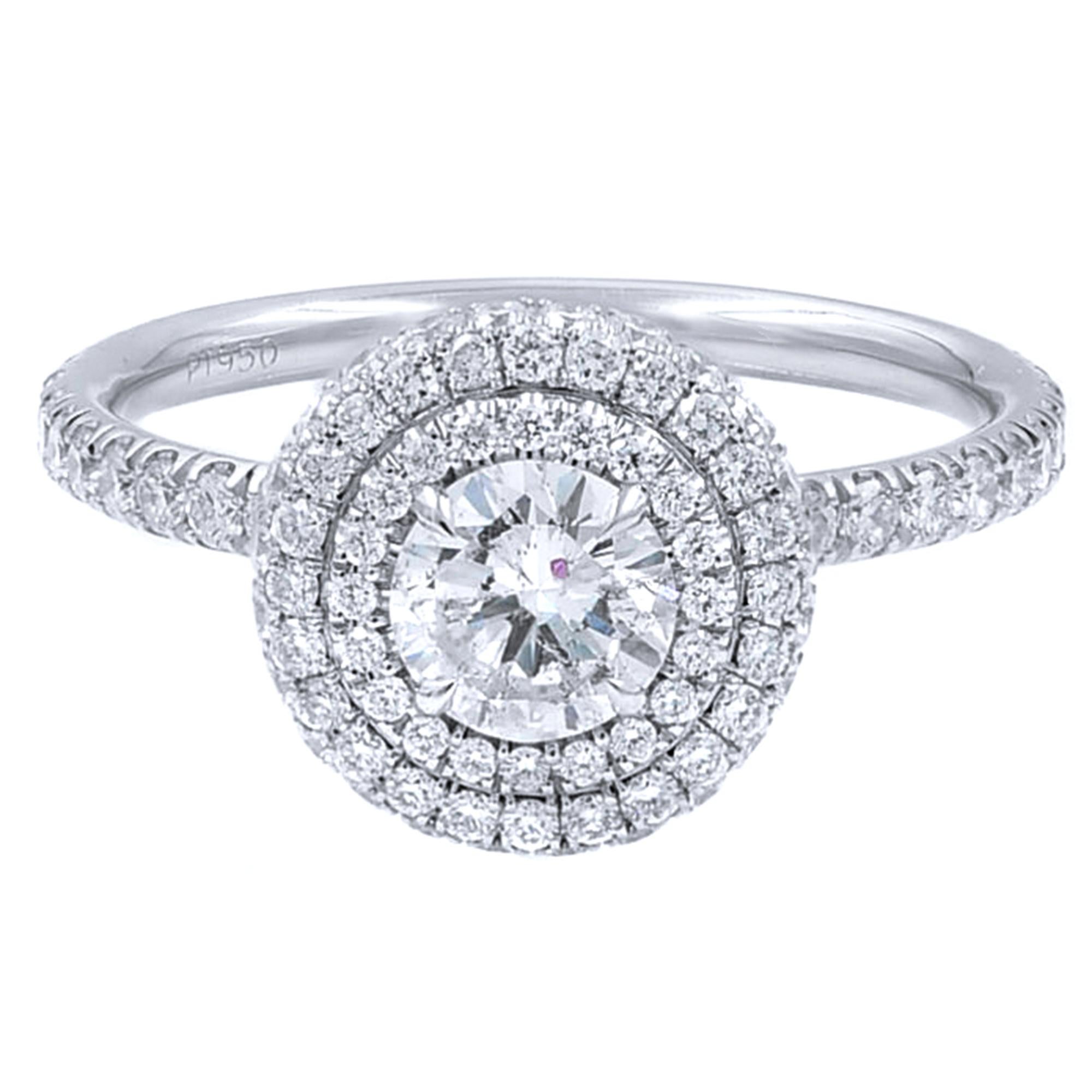 1.15 Carat Double Halo Diamond Engagement Platinum 6.5 Ring
