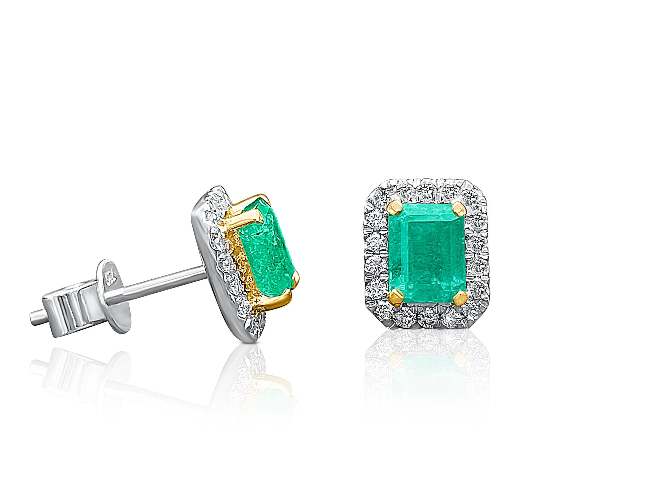 Women's or Men's 1.15 Carat Emerald-Cut Colombian Emerald and Diamond 18k Gold Stud Earrings For Sale