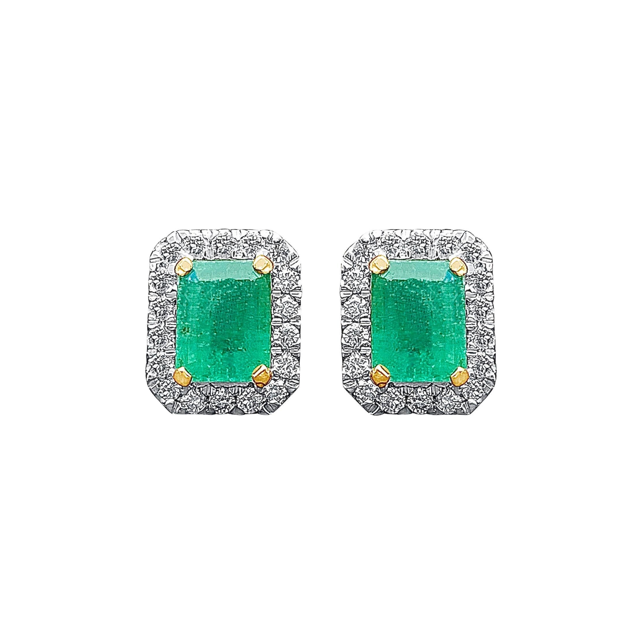 1.15 Carat Emerald-Cut Colombian Emerald and Diamond 18k Gold Stud Earrings