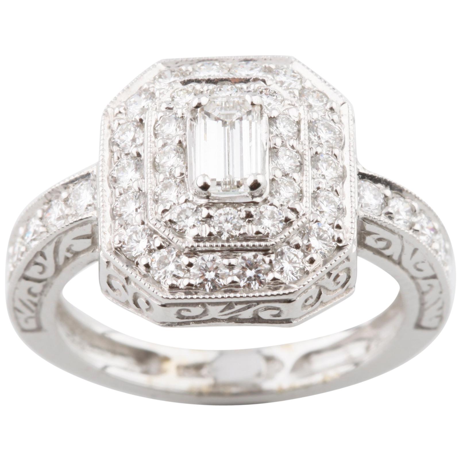 1.15 Carat Emerald Cut Diamond 18 Karat White Gold Engagement Ring with Accents