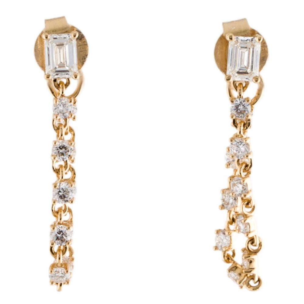 Women's 1.15 Carat Emerald Cut Diamond Prong Chain Earring in 14k Gold For Sale