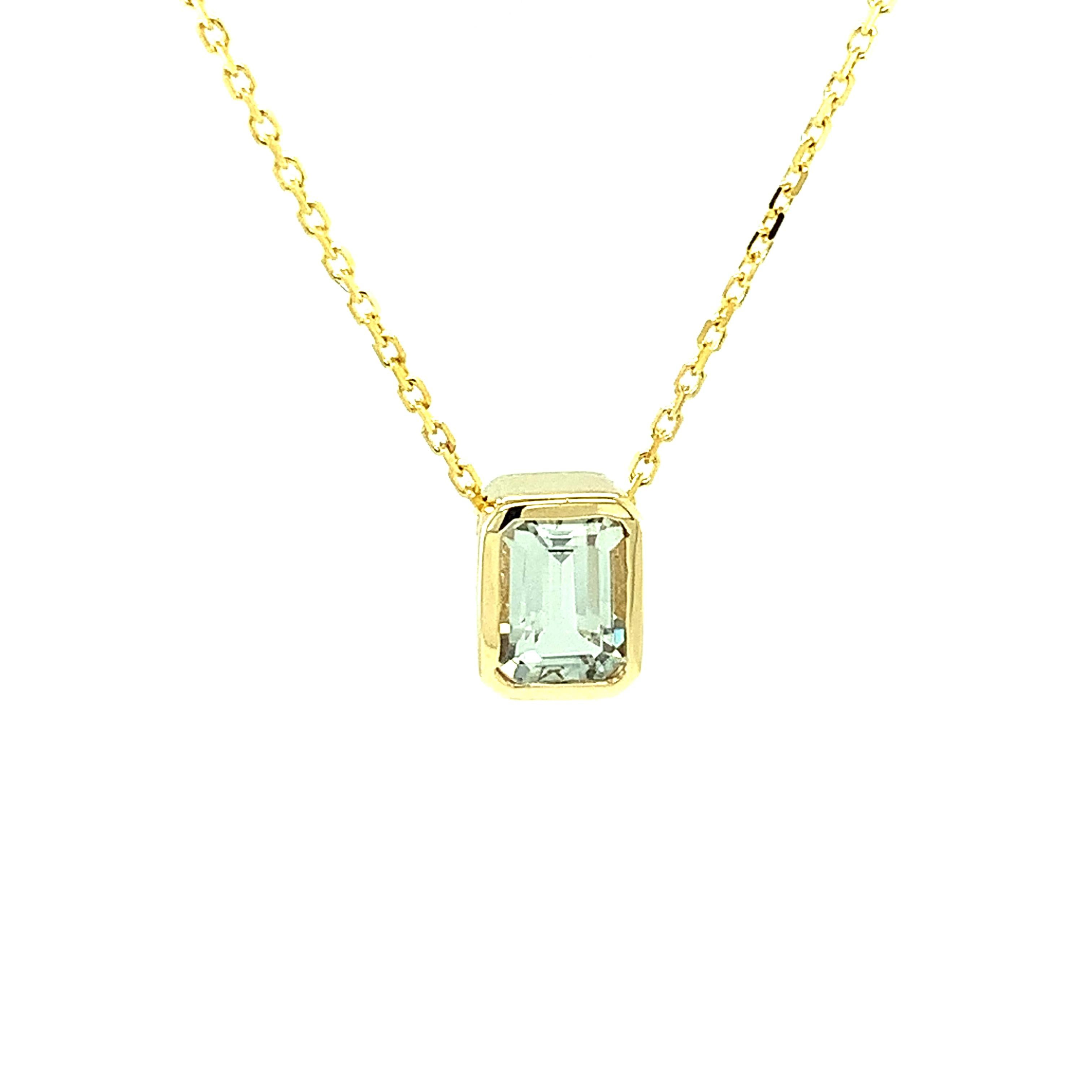 1.15 Carat Emerald Cut Topaz Pendant Yellow Gold Bezel Necklace with Chain In New Condition In Los Angeles, CA