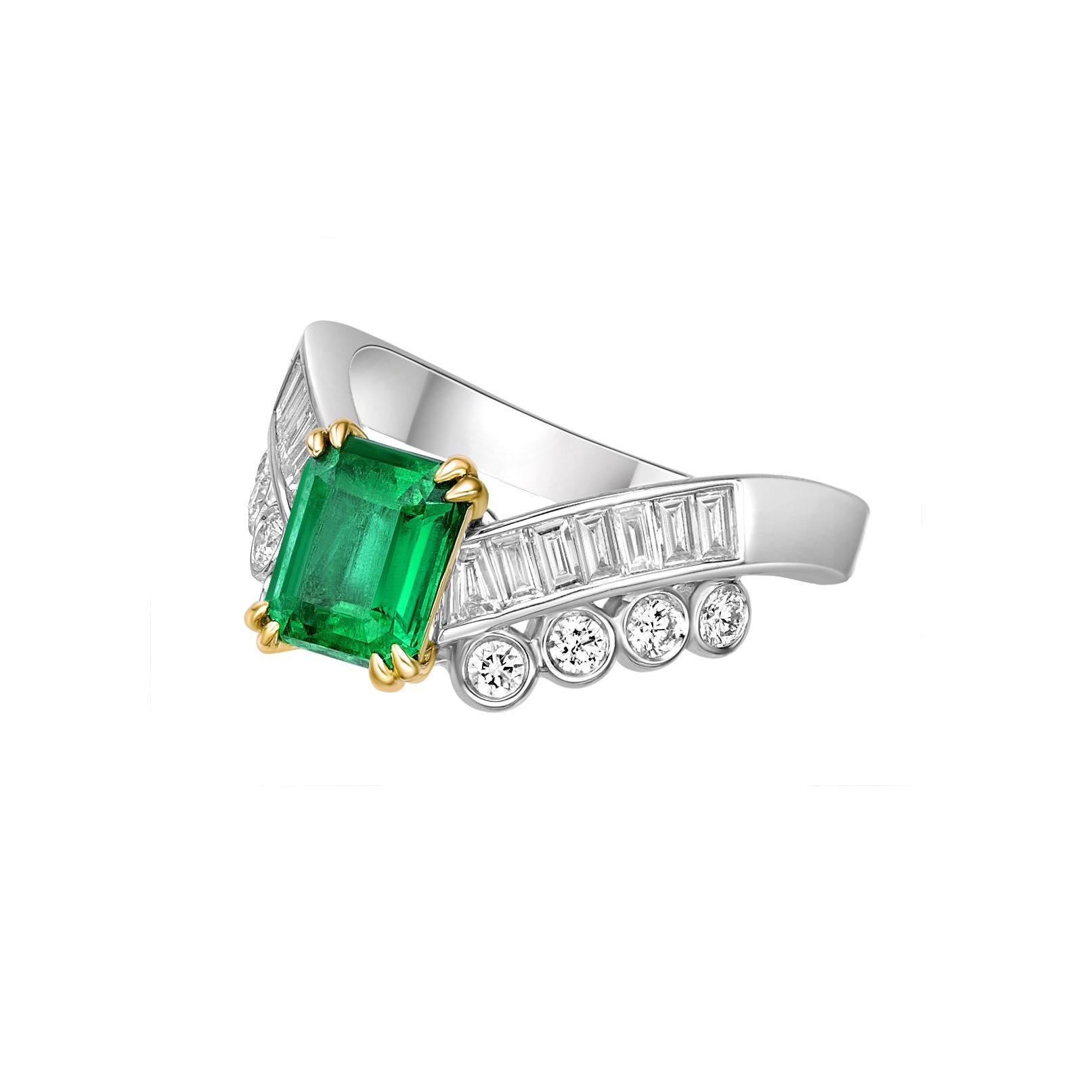 Octagon Cut 1.15 Carat Emerald Fancy Ring in 18Karat White Yellow Gold with White Diamond. For Sale