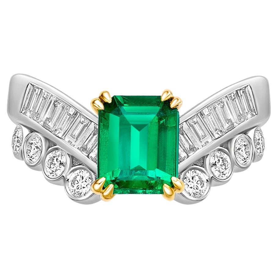 1.15 Carat Emerald Fancy Ring in 18Karat White Yellow Gold with White Diamond. For Sale