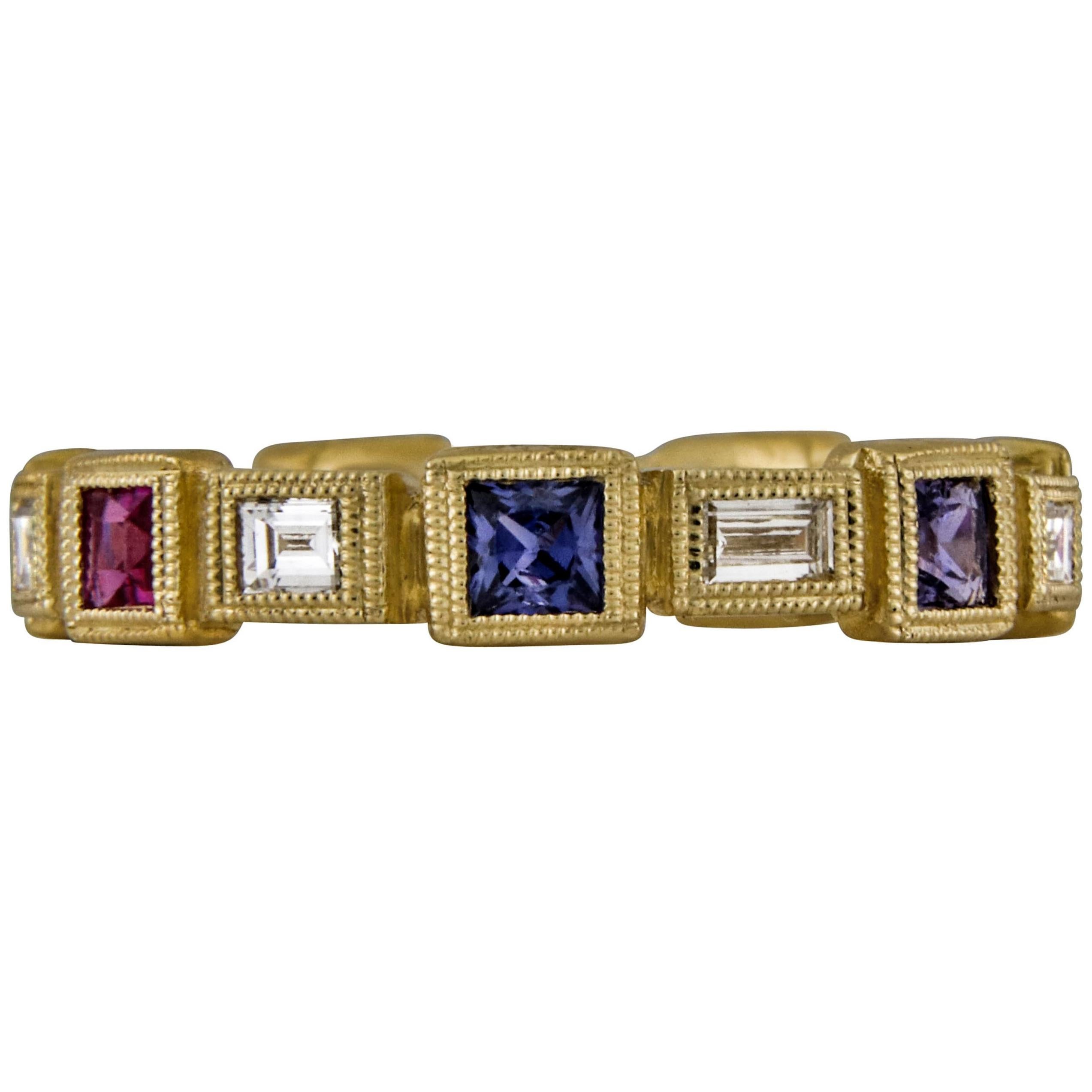 1.15 Carat Eternity Band Yellow Gold Sapphire and Diamond Mill Grained Ring For Sale