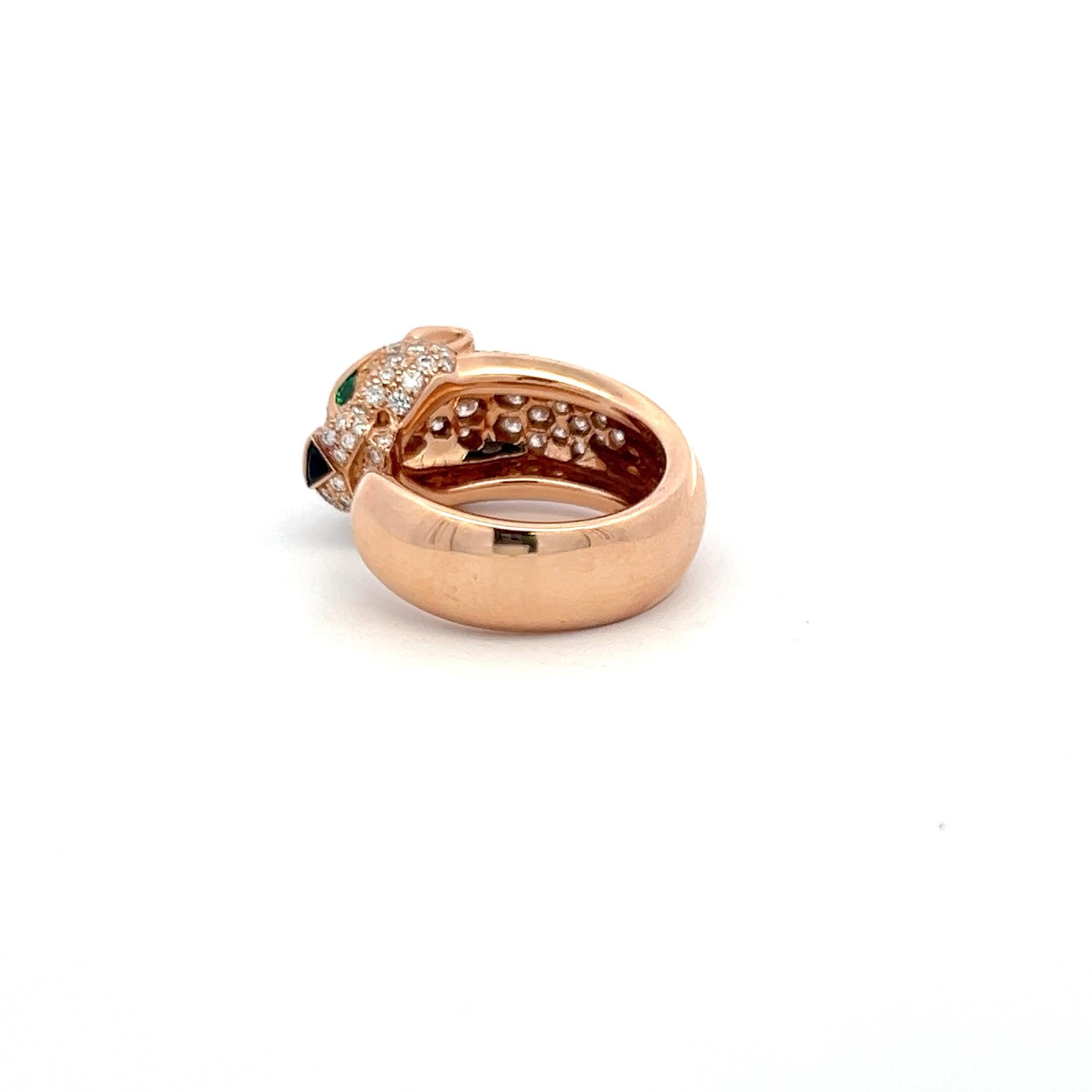 1,15 Karat F VS Diamant 0,06 Karat Smaragd 18 Karat Rose Gold Panthere Ring im Zustand „Gut“ im Angebot in New York, NY