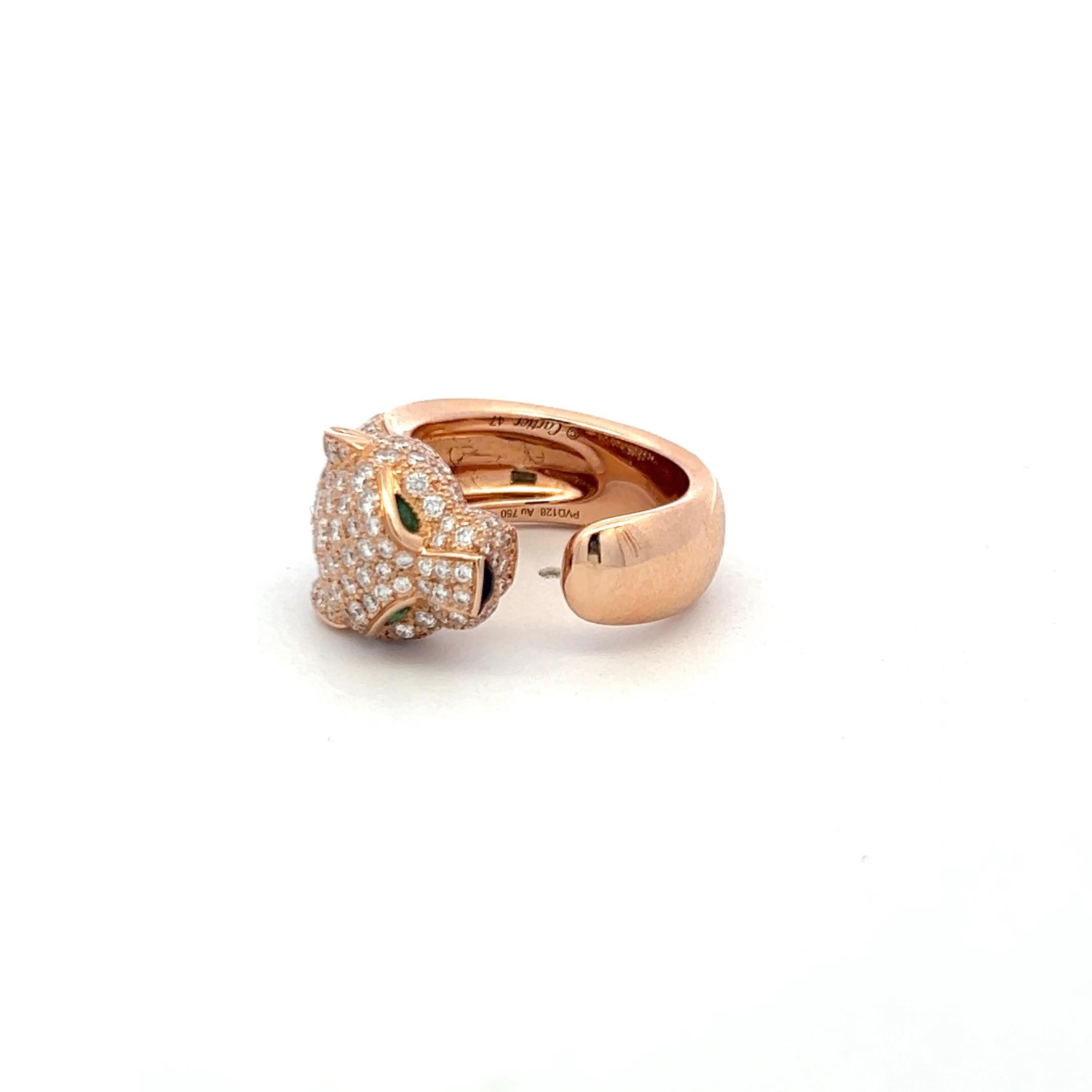1,15 Karat F VS Diamant 0,06 Karat Smaragd 18 Karat Rose Gold Panthere Ring Damen im Angebot
