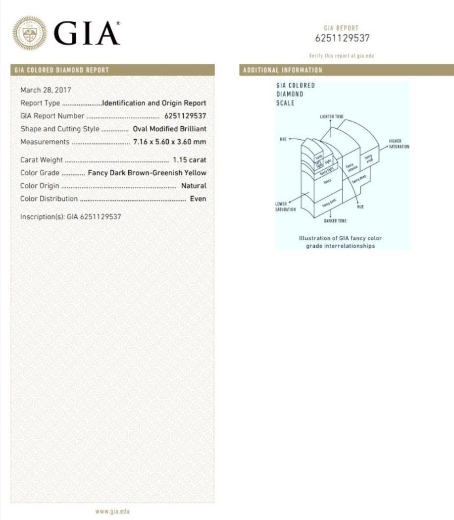 1.15 Carat Fancy Dark Brown Greenish Yellow Oval Cut Diamond GIA Certified For Sale 1