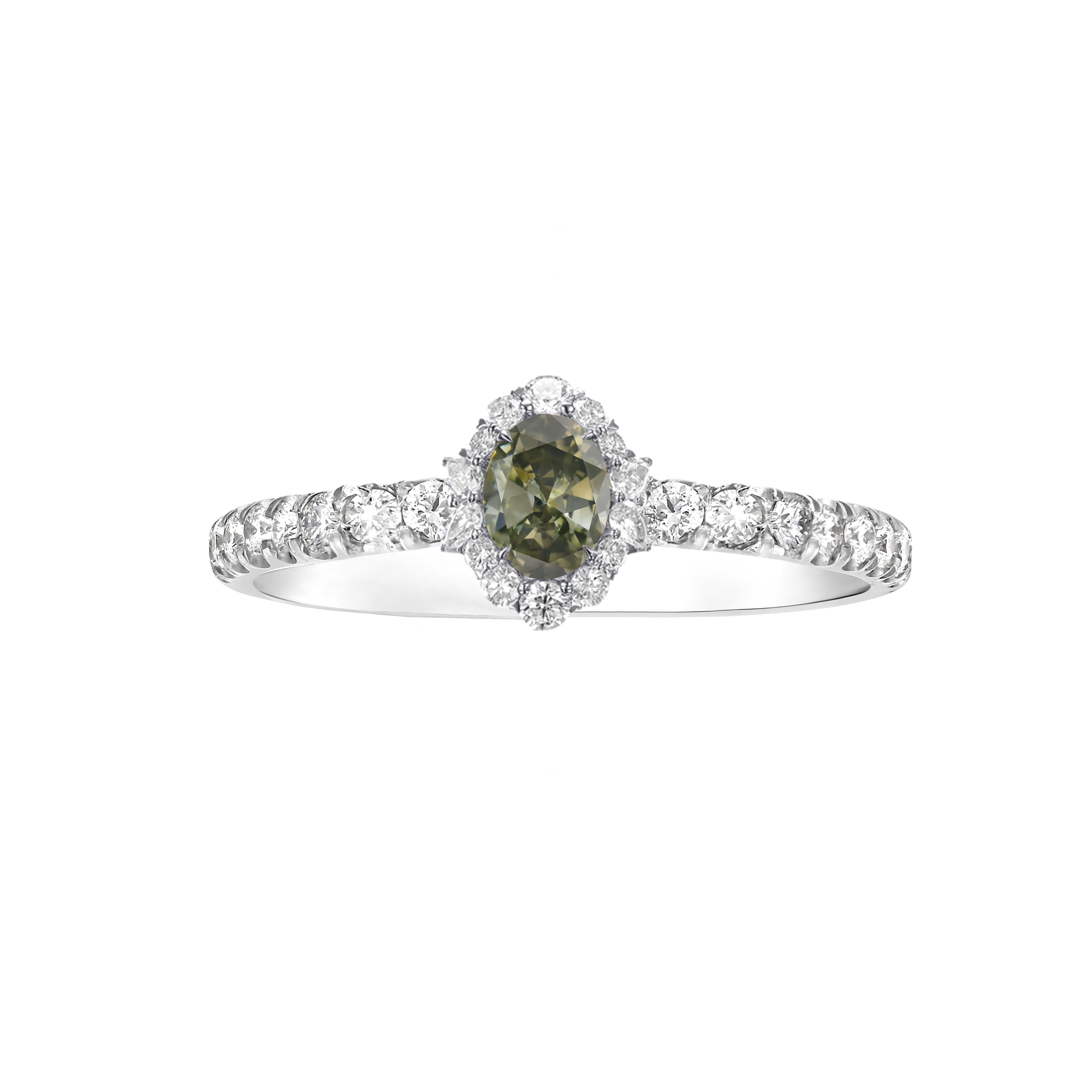 1,15 Karat Fancy Dunkelgrau Gelblich Grün Chamäleon Diamant Oval auf Diamant Weißgold 18K Ring.
Größe auf Anfrage.