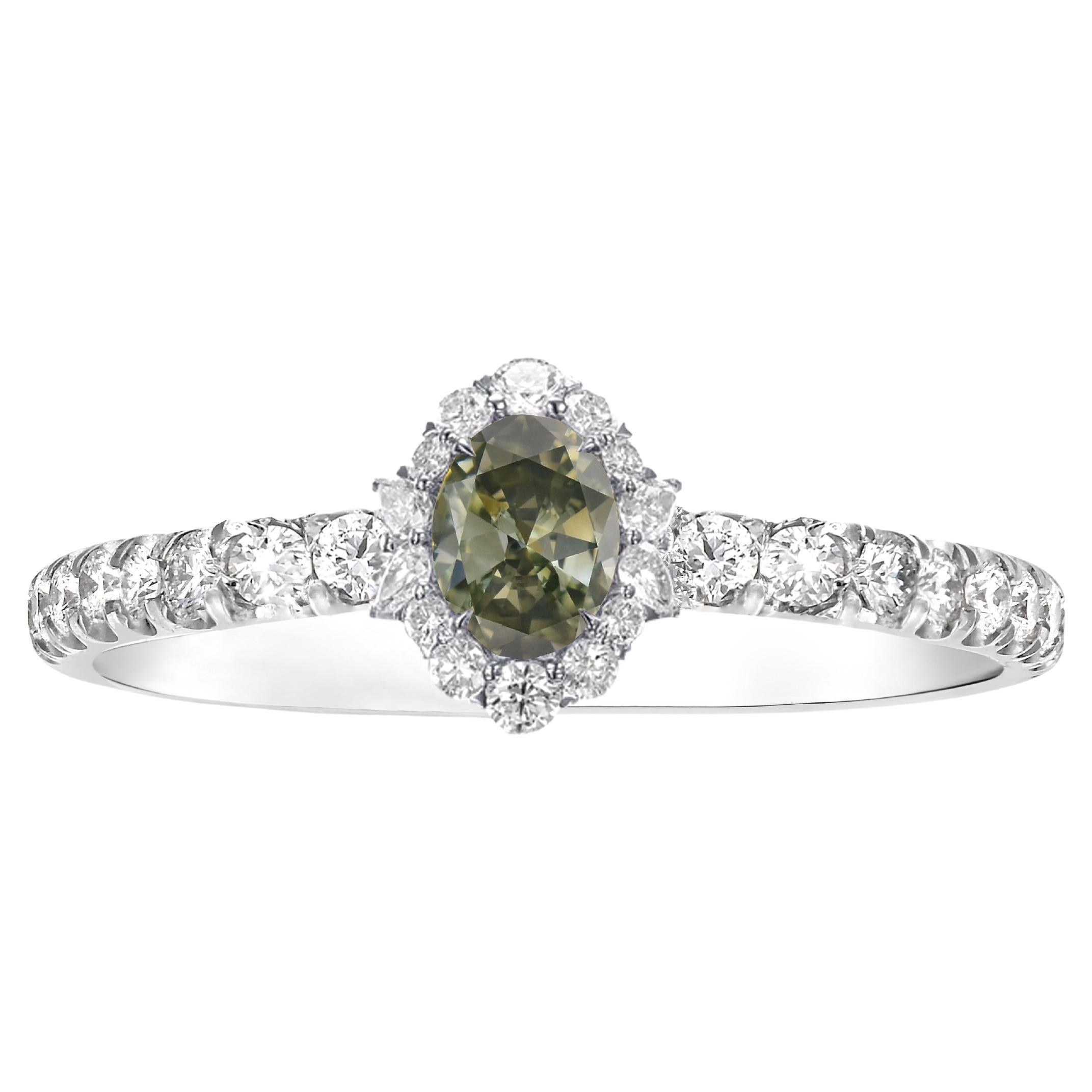 1.15 carat Fancy Dark Grey Yellowish Green Chameleon Diamond Oval Gold 18K Ring