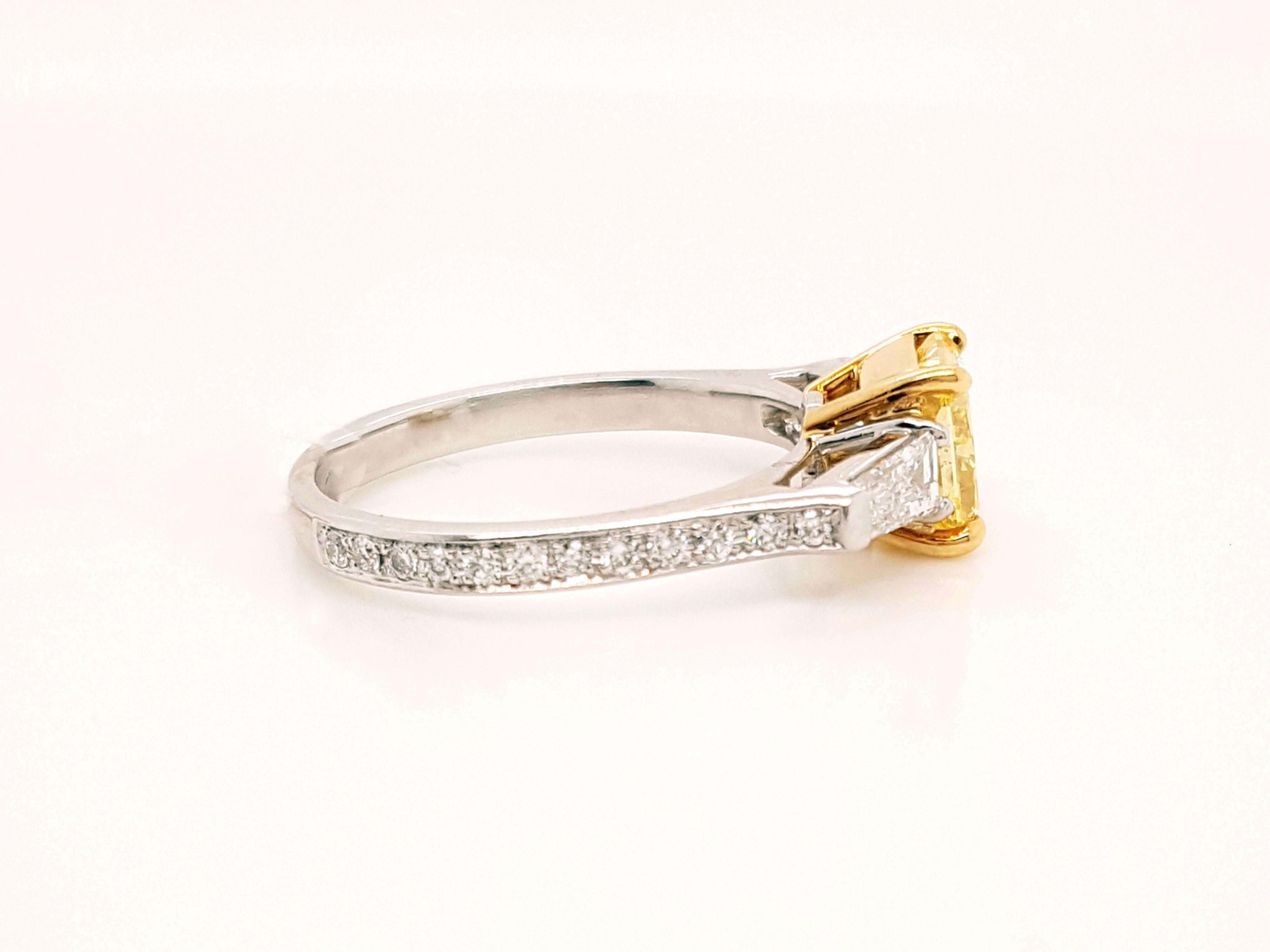 Contemporary 1.15 Carat Fancy Vivid Yellow Diamond Three-Stone Engagement Ring, GIA Report For Sale