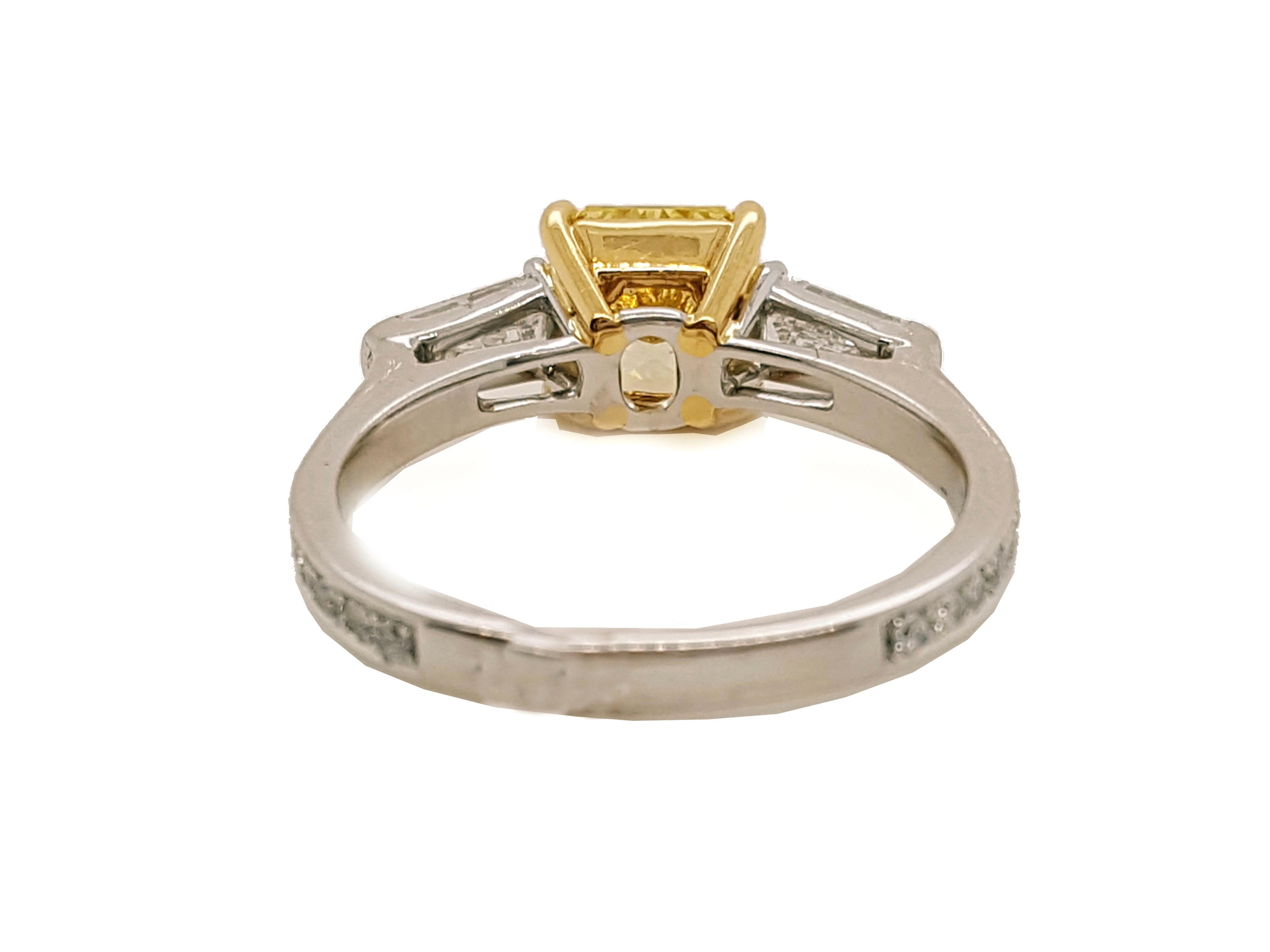 Radiant Cut 1.15 Carat Fancy Vivid Yellow Diamond Three-Stone Engagement Ring, GIA Report For Sale